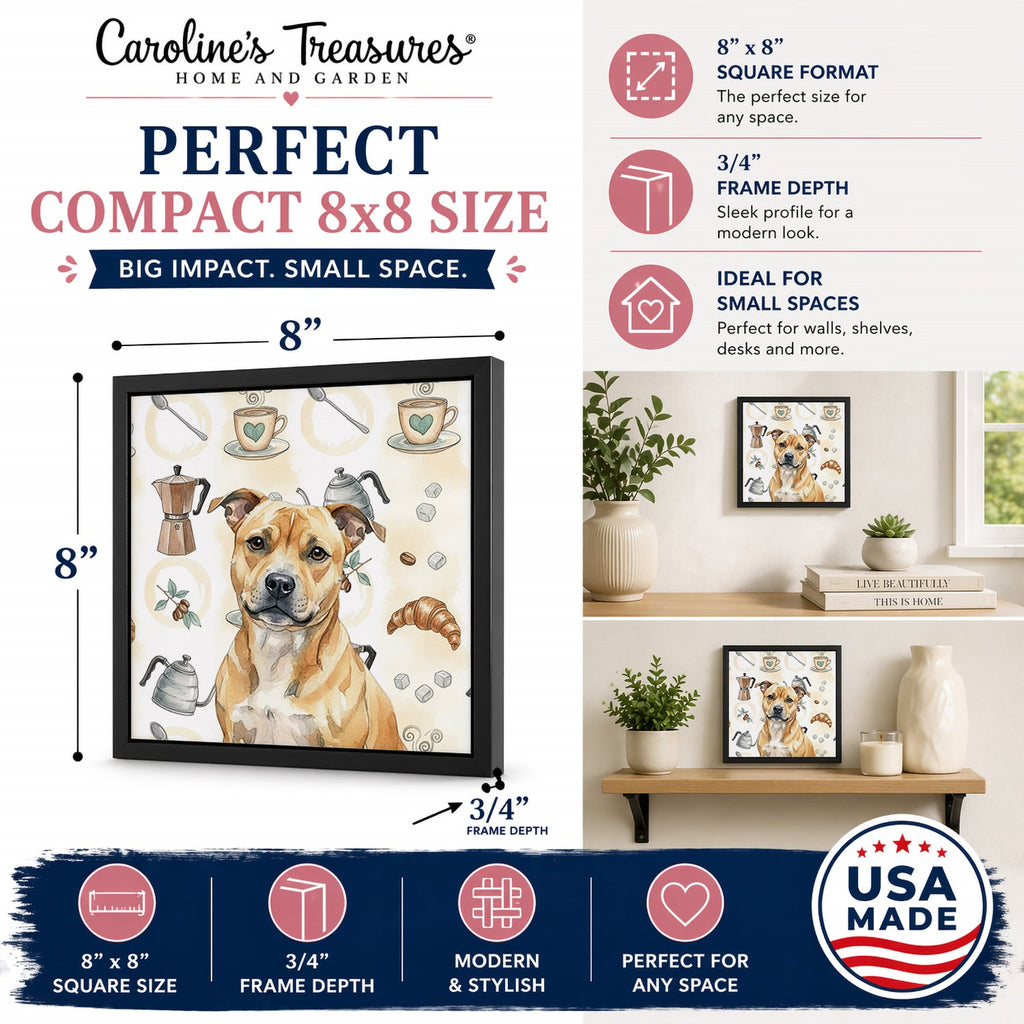 Fawn Staffordshire Bull Terrier Coffee Bar Framed Metal Print Bathroom, Kitchen, Office, Home Decor Wall Art Ready to Hang, Square, 8X8