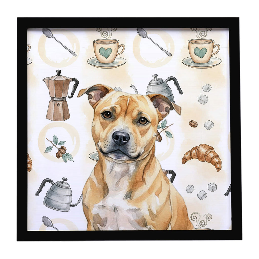 Fawn Staffordshire Bull Terrier Coffee Bar Framed Metal Print Bathroom, Kitchen, Office, Home Decor Wall Art Ready to Hang, Square, 8X8
