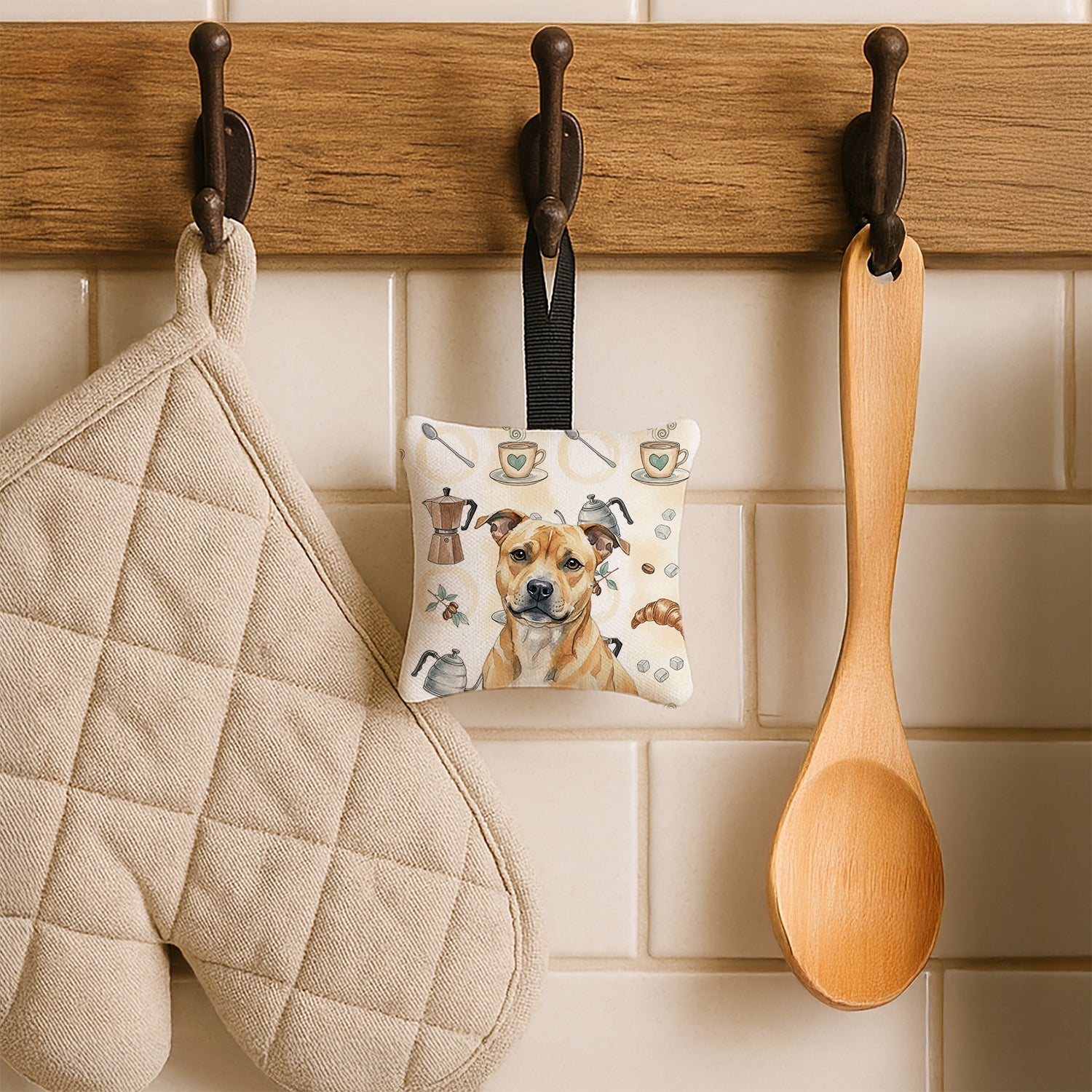 Fawn Staffordshire Bull Terrier Coffee Bar Hanging Square Fabric Ornament 3.5 � 3.5 Decorative Door-Knob & Tree Hanger, Soft Fabric