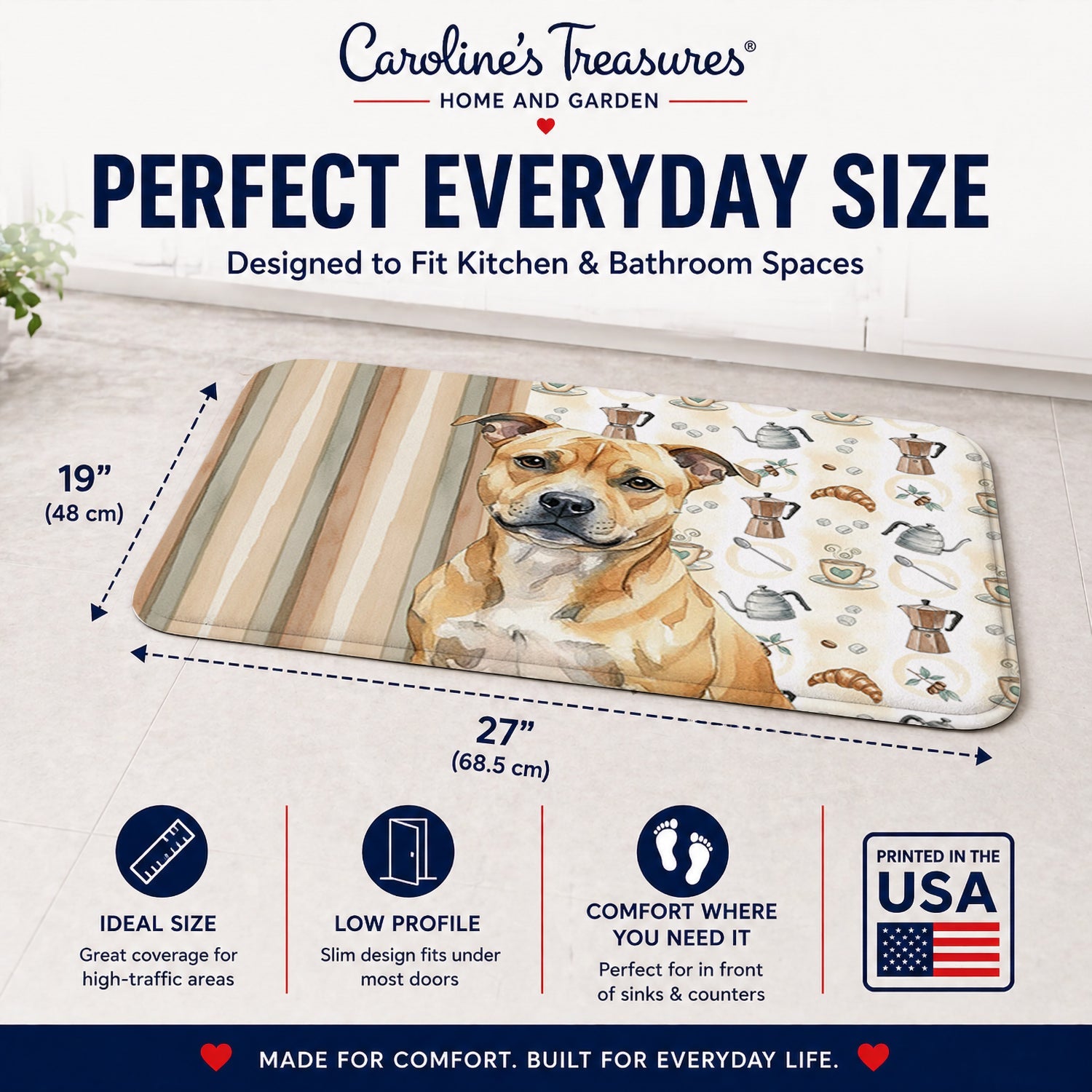 Fawn Staffordshire Bull Terrier Coffee Bar Memory Foam Kitchen Mat Machine Washable Anti-Fatigue Cushion Comfort Bath or Kitchen Rug