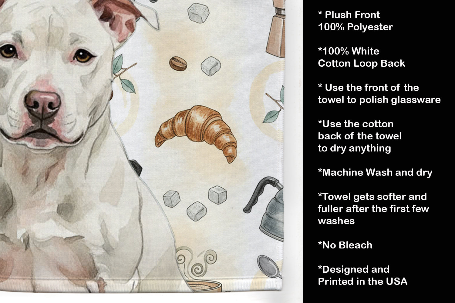 White Staffordshire Bull Terrier Coffee Bar Kitchen Towel Velour Plush Front and Cotton Loop Back Machine Washable