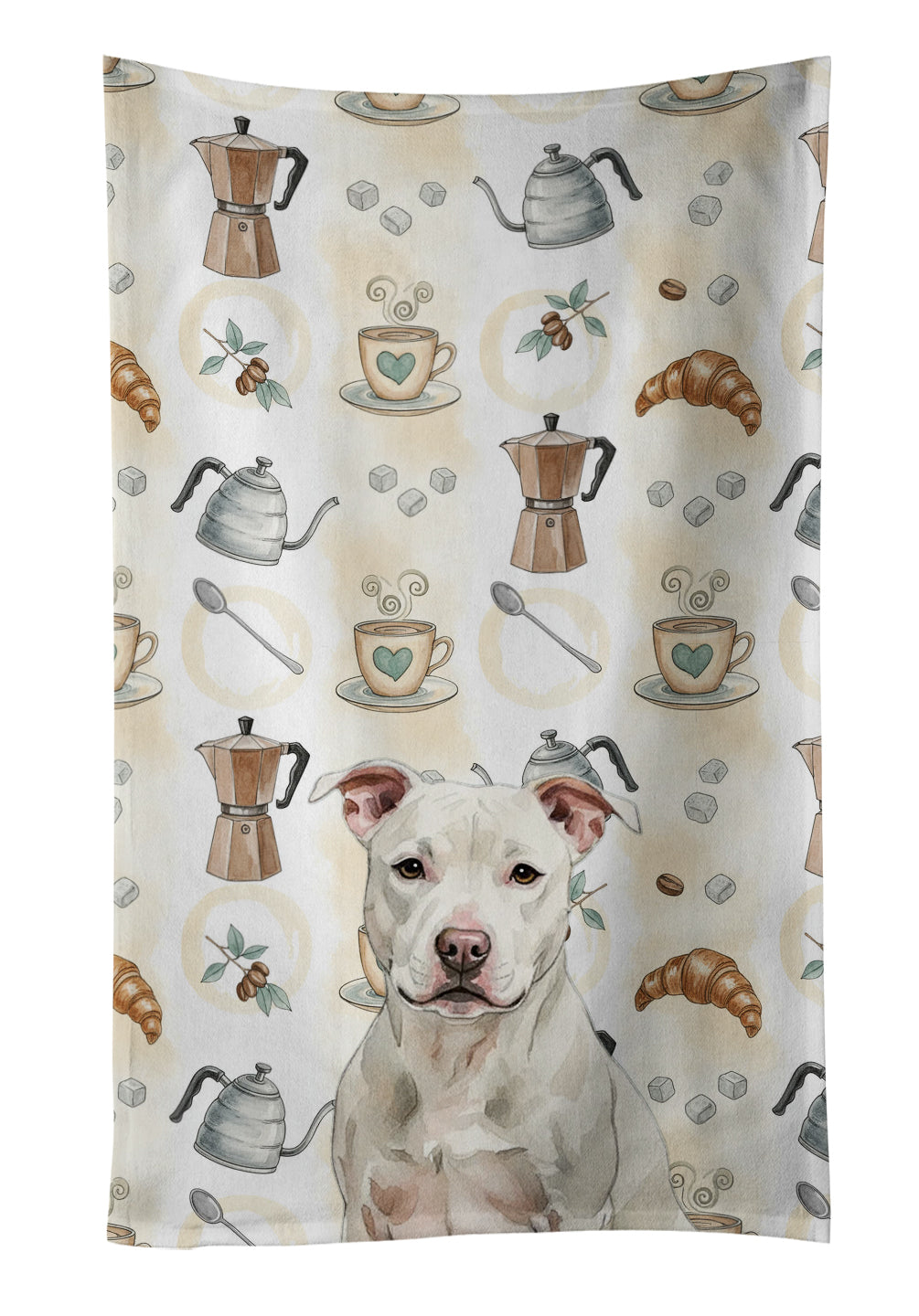 White Staffordshire Bull Terrier Coffee Bar Kitchen Towel Velour Plush Front and Cotton Loop Back Machine Washable