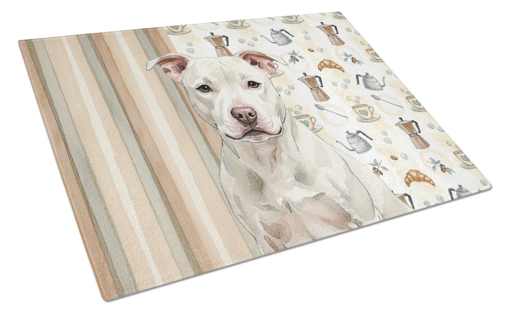 White Staffordshire Bull Terrier Coffee Bar Cutting Board Tempered Glass Kitchen Cutting Surface, Heat Resistant Chopping, Non-Slip Feet, Food Prep & Serving