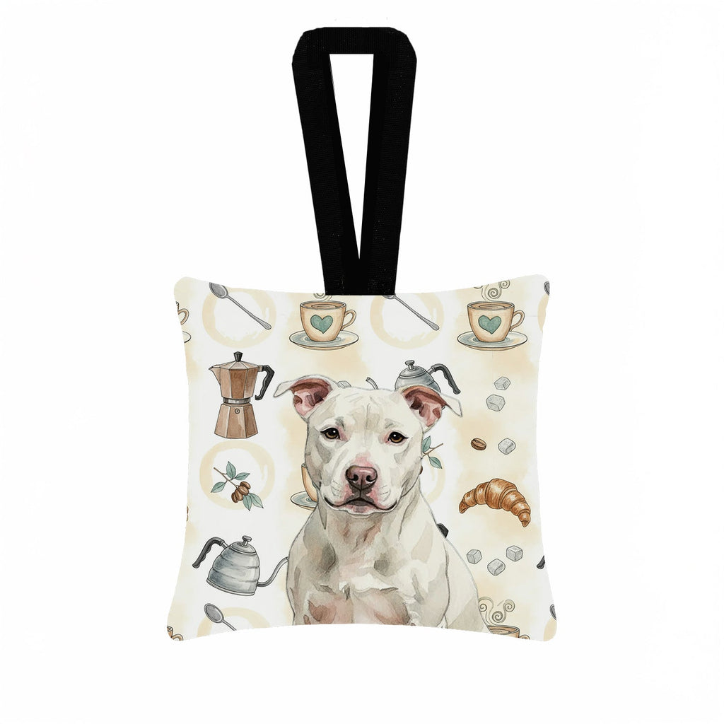 White Staffordshire Bull Terrier Coffee Bar Hanging Square Fabric Ornament 3.5 � 3.5 Decorative Door-Knob & Tree Hanger, Soft Fabric
