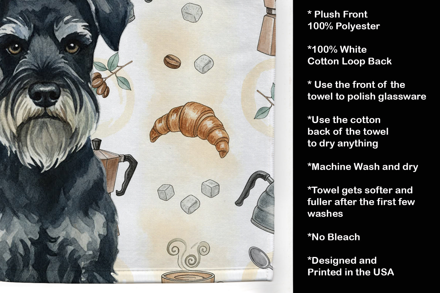 Standard Schnauzer Coffee Bar Kitchen Towel Velour Plush Front and Cotton Loop Back Machine Washable