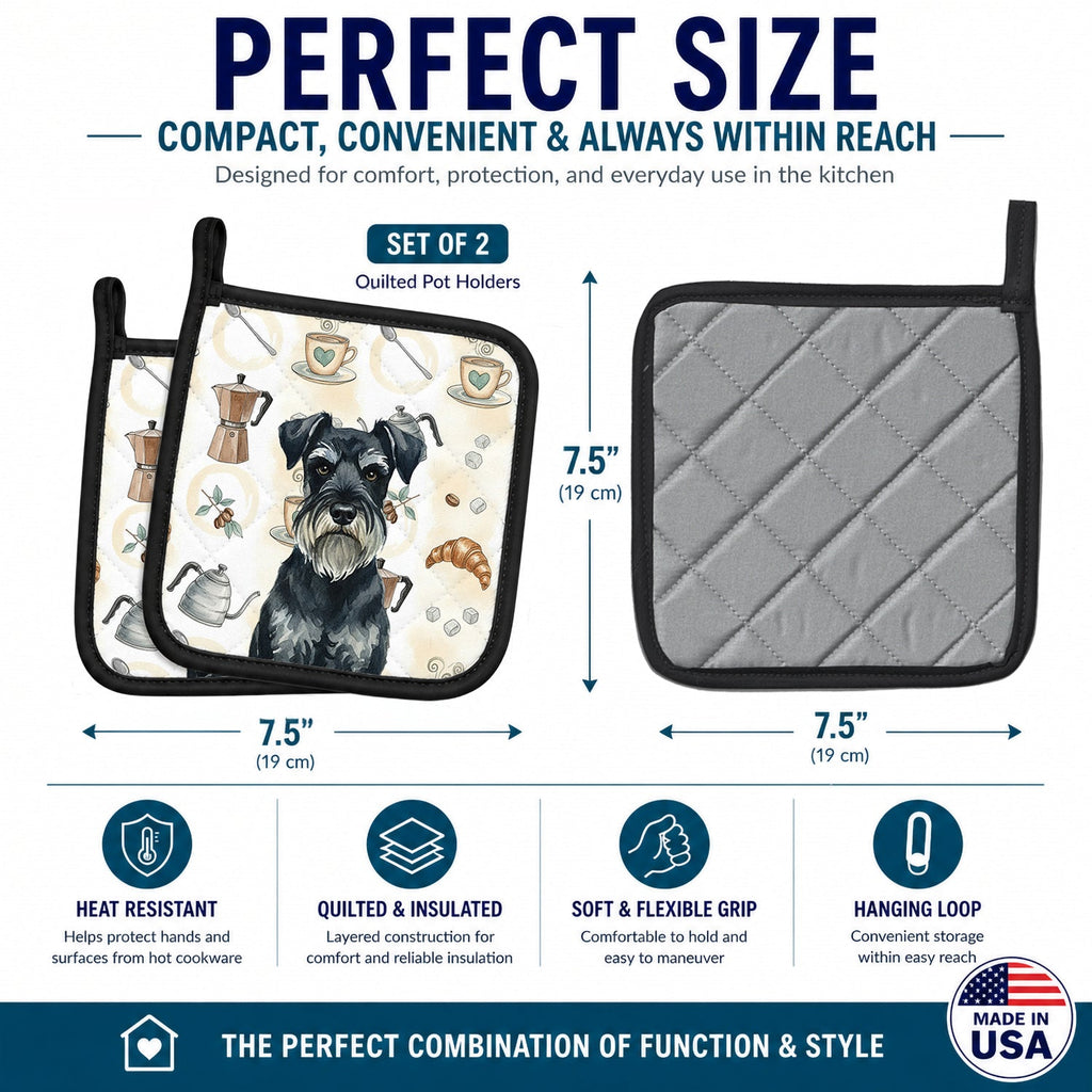 Standard Schnauzer Coffee Bar Pot Holder Set of 2 Heat Resistant Quilted Hot Pads 7.5 x 7.5 Inch, Insulated Kitchen Trivets for Cooking & Baking