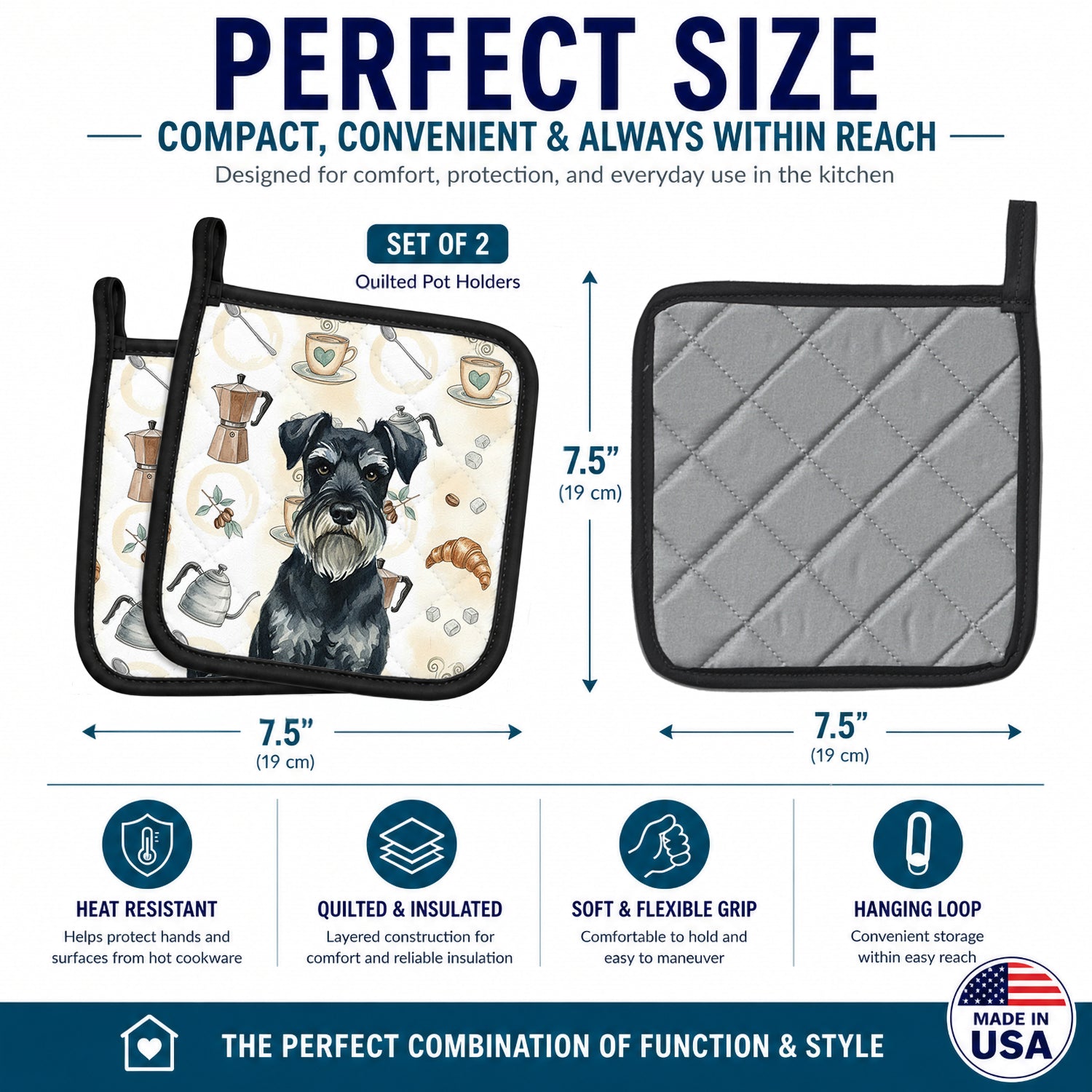 Standard Schnauzer Coffee Bar Pot Holder Set of 2 Heat Resistant Quilted Hot Pads 7.5 x 7.5 Inch, Insulated Kitchen Trivets for Cooking & Baking