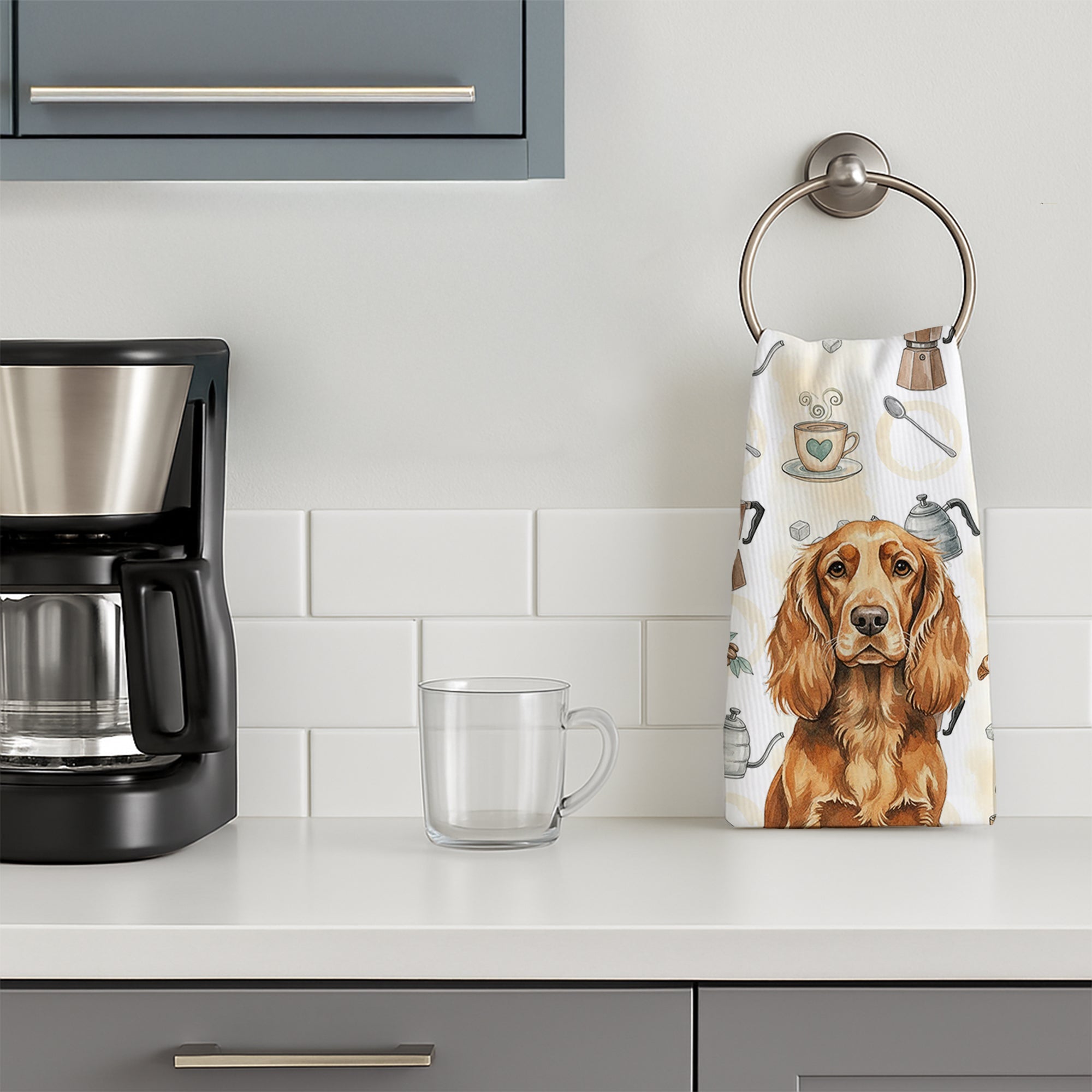 Sussex Spaniel Coffee Bar Kitchen Towel Velour Plush Front and Cotton Loop Back Machine Washable
