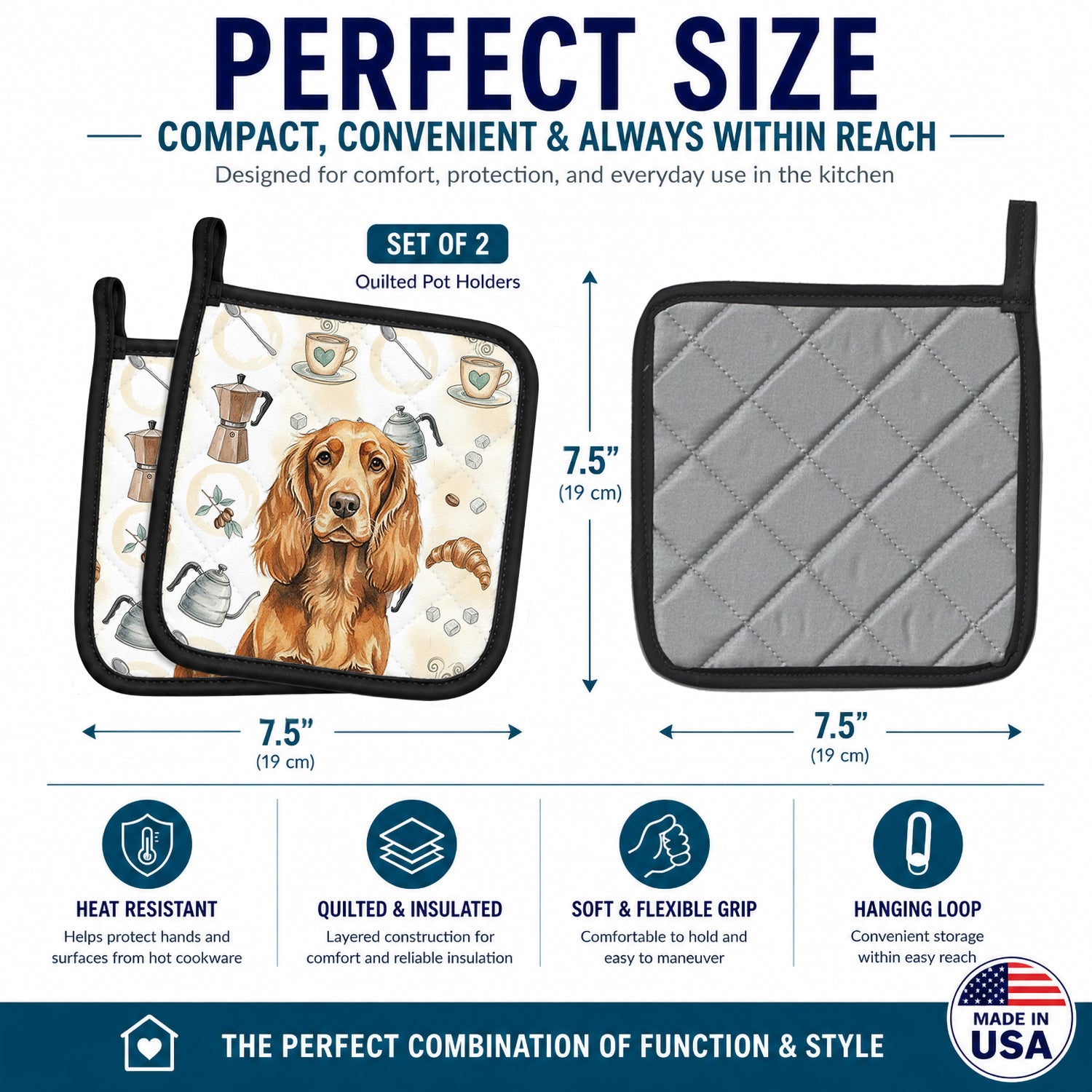 Sussex Spaniel Coffee Bar Pot Holder Set of 2 Heat Resistant Quilted Hot Pads 7.5 x 7.5 Inch, Insulated Kitchen Trivets for Cooking & Baking