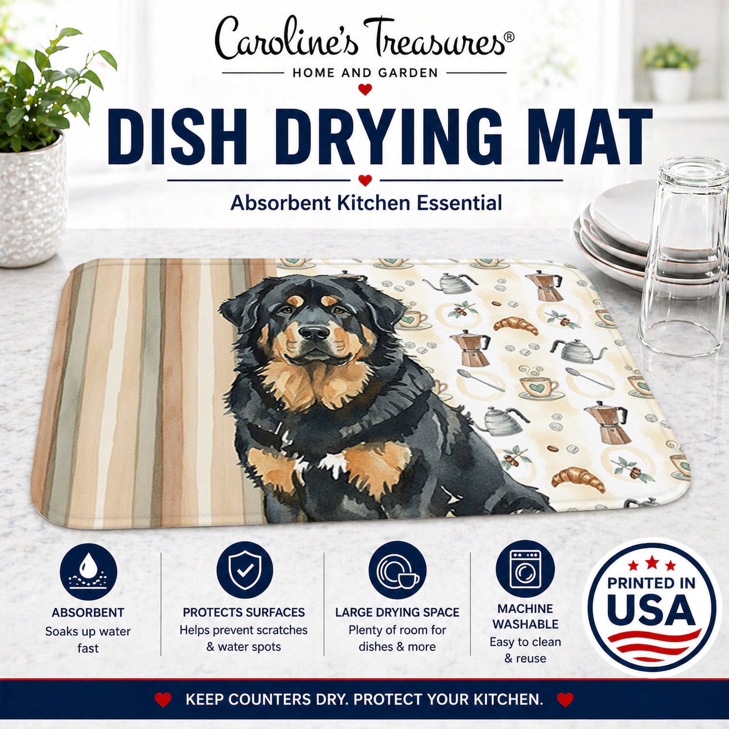 Black and Tan Tibetan Mastiff Coffee Bar Dish Drying Mat Absorbent Dish Drying Mat Pad for Kitchen Counter Dish Drainer Mat for Countertop, 14 x 21", Multicolor