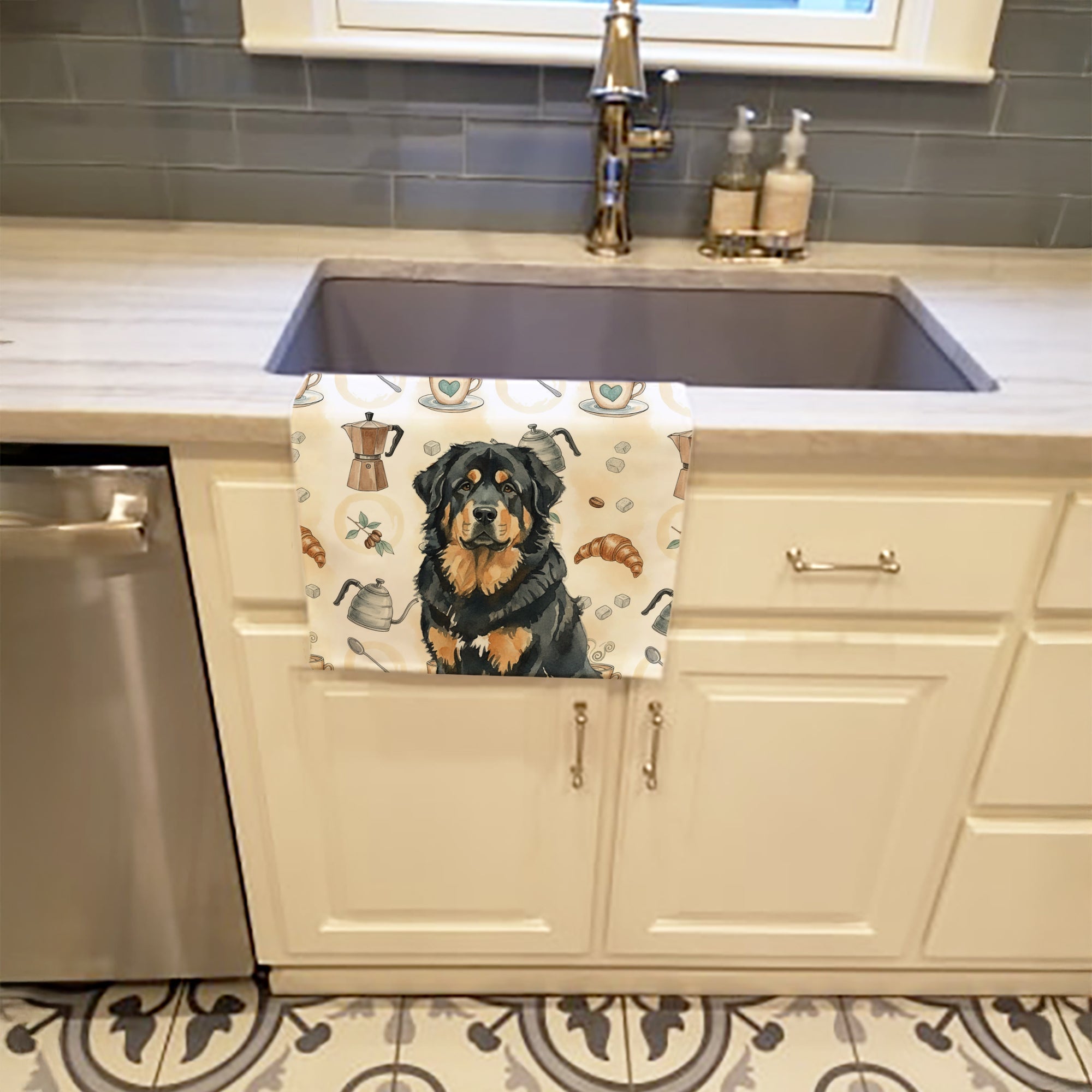 Black and Tan Tibetan Mastiff Coffee Bar Kitchen Towel Velour Plush Front and Cotton Loop Back Machine Washable