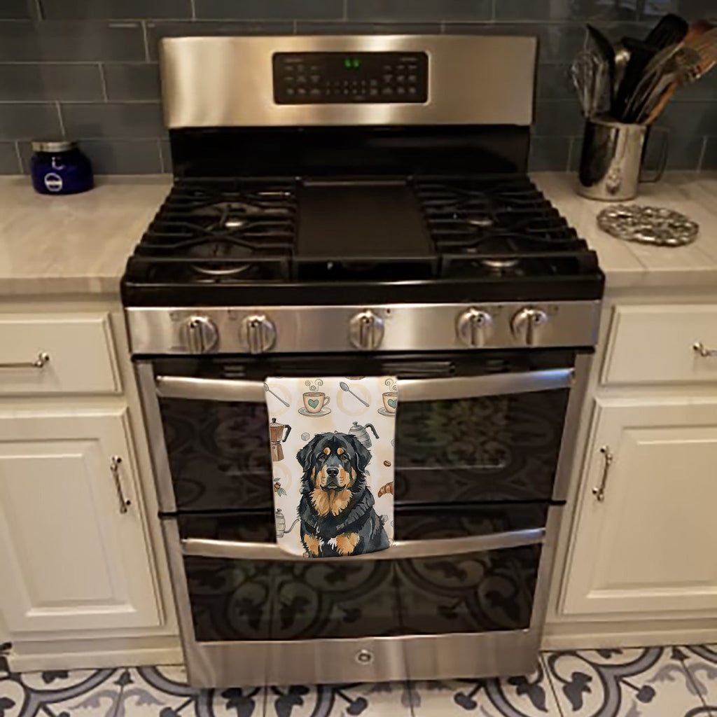 Black and Tan Tibetan Mastiff Coffee Bar Kitchen Towel Velour Plush Front and Cotton Loop Back Machine Washable
