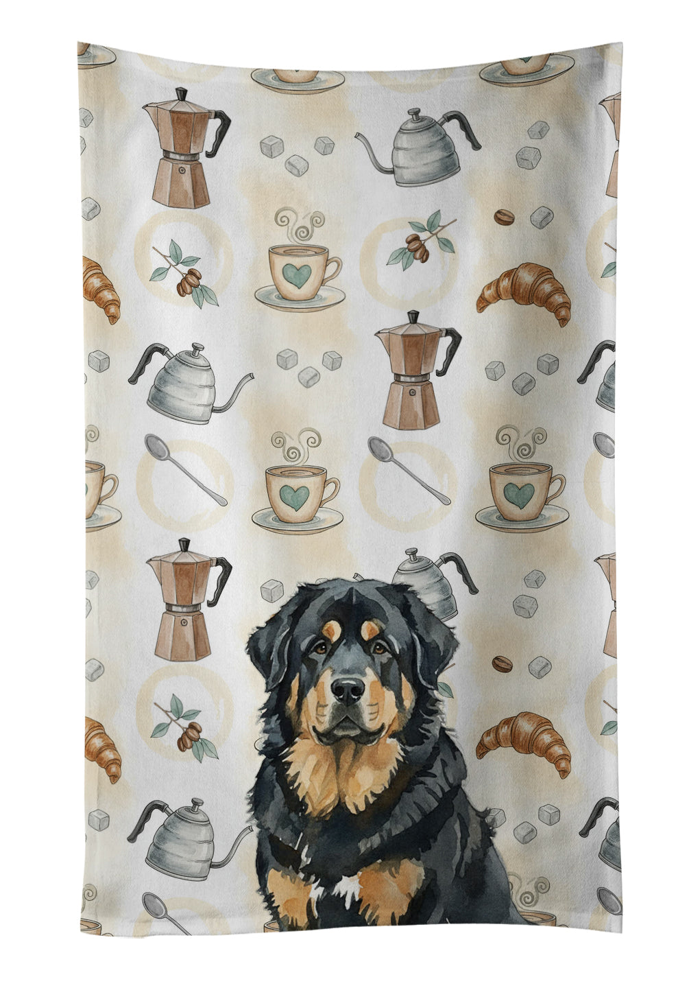Black and Tan Tibetan Mastiff Coffee Bar Kitchen Towel Velour Plush Front and Cotton Loop Back Machine Washable