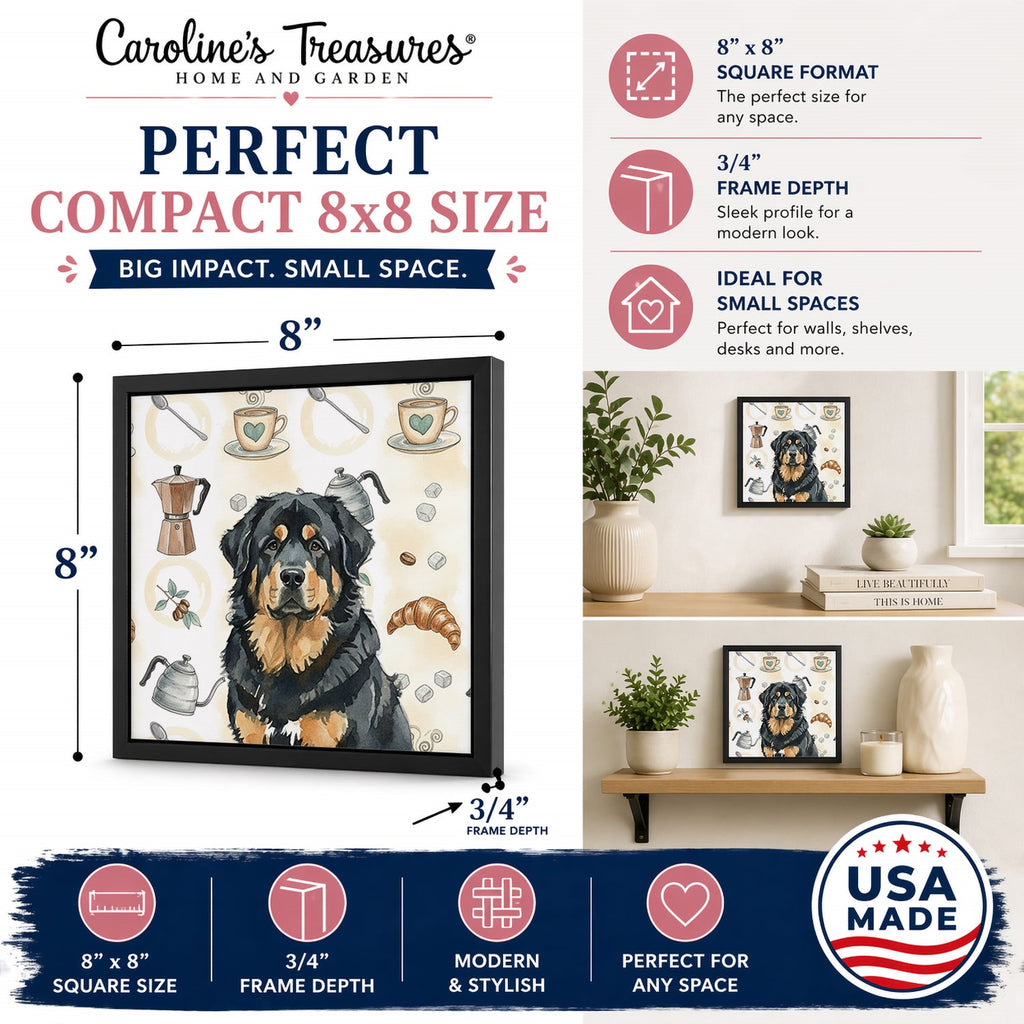 Black and Tan Tibetan Mastiff Coffee Bar Framed Metal Print Bathroom, Kitchen, Office, Home Decor Wall Art Ready to Hang, Square, 8X8