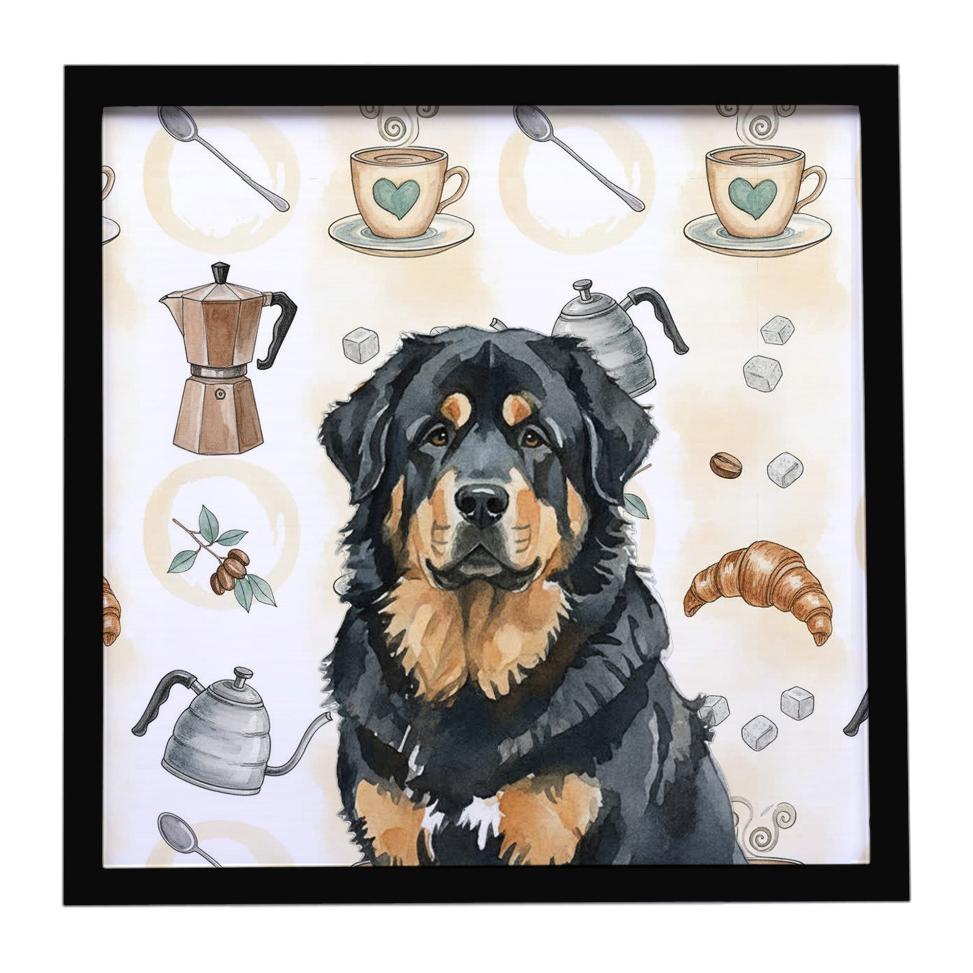 Black and Tan Tibetan Mastiff Coffee Bar Framed Metal Print Bathroom, Kitchen, Office, Home Decor Wall Art Ready to Hang, Square, 8X8
