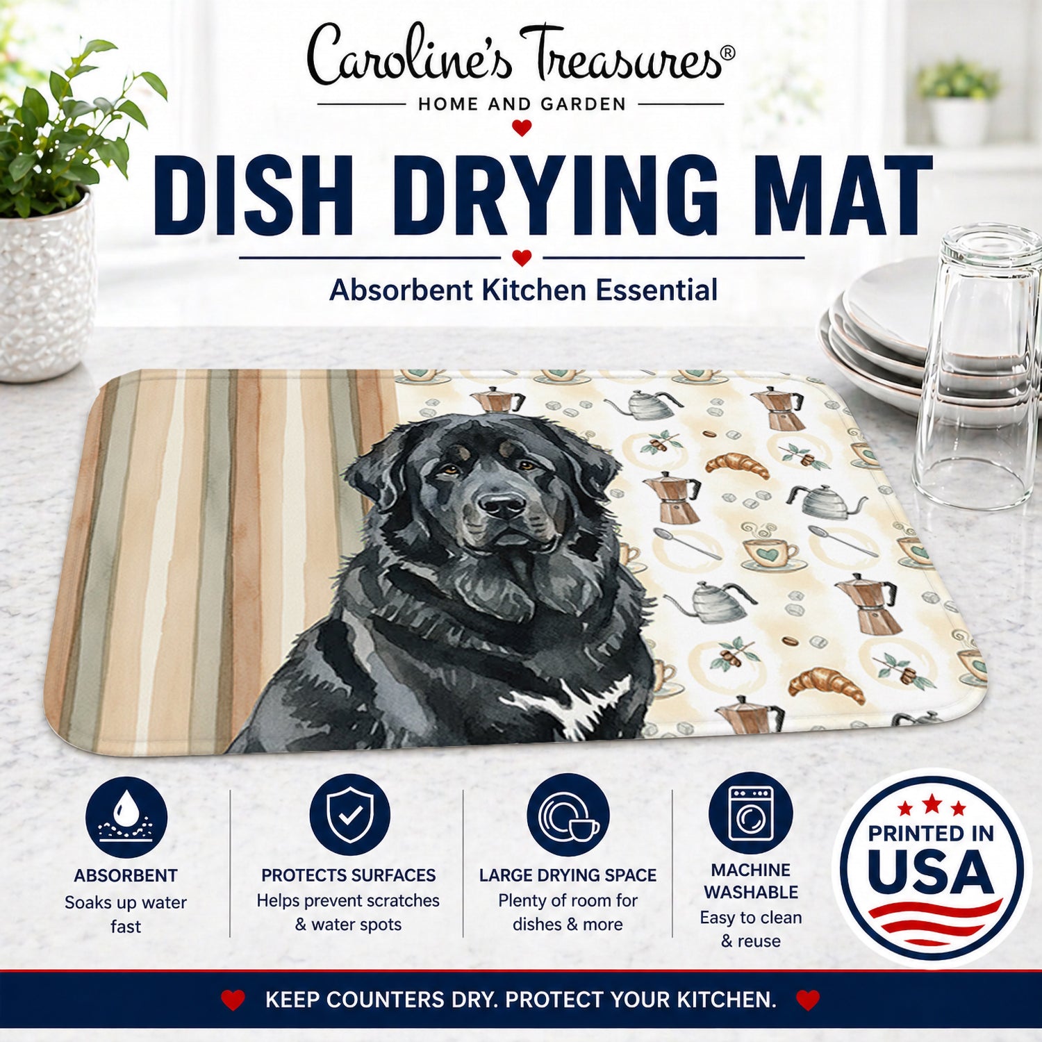 Black Tibetan Mastiff Coffee Bar Dish Drying Mat Absorbent Dish Drying Mat Pad for Kitchen Counter Dish Drainer Mat for Countertop, 14 x 21", Multicolor