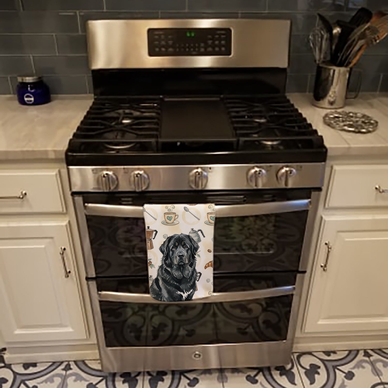 Black Tibetan Mastiff Coffee Bar Kitchen Towel Velour Plush Front and Cotton Loop Back Machine Washable