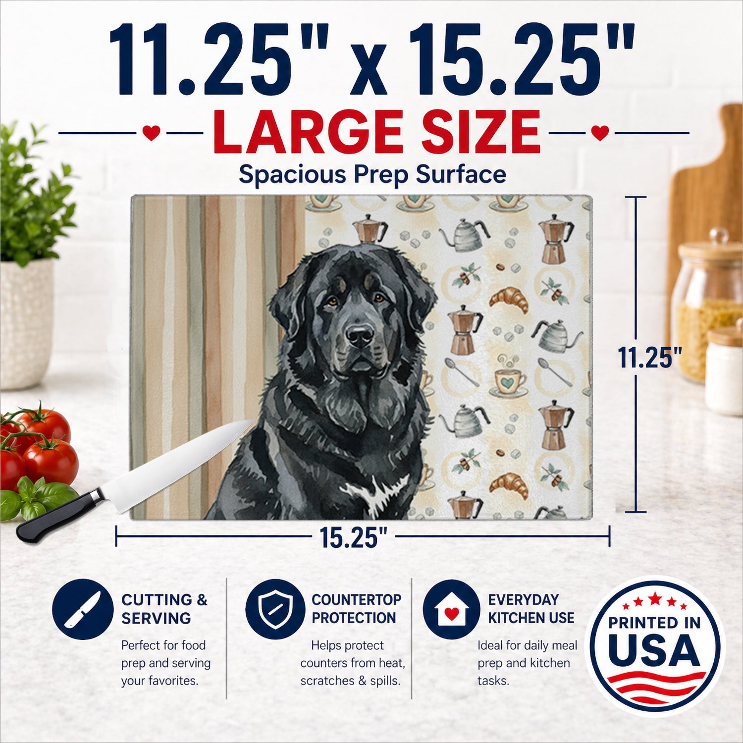 Black Tibetan Mastiff Coffee Bar Cutting Board Tempered Glass Kitchen Cutting Surface, Heat Resistant Chopping, Non-Slip Feet, Food Prep & Serving