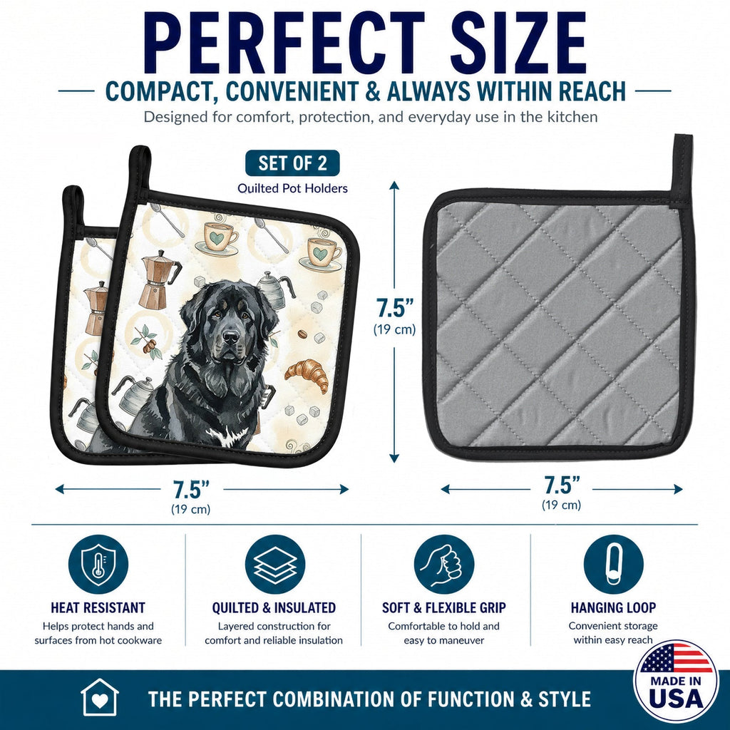 Black Tibetan Mastiff Coffee Bar Pot Holder Set of 2 Heat Resistant Quilted Hot Pads 7.5 x 7.5 Inch, Insulated Kitchen Trivets for Cooking & Baking
