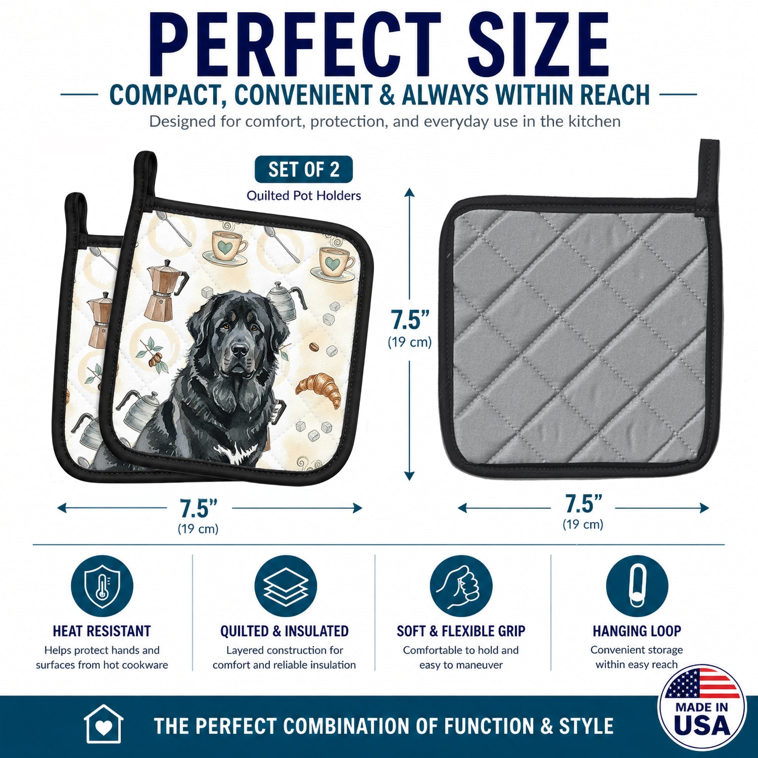 Black Tibetan Mastiff Coffee Bar Pot Holder Set of 2 Heat Resistant Quilted Hot Pads 7.5 x 7.5 Inch, Insulated Kitchen Trivets for Cooking & Baking