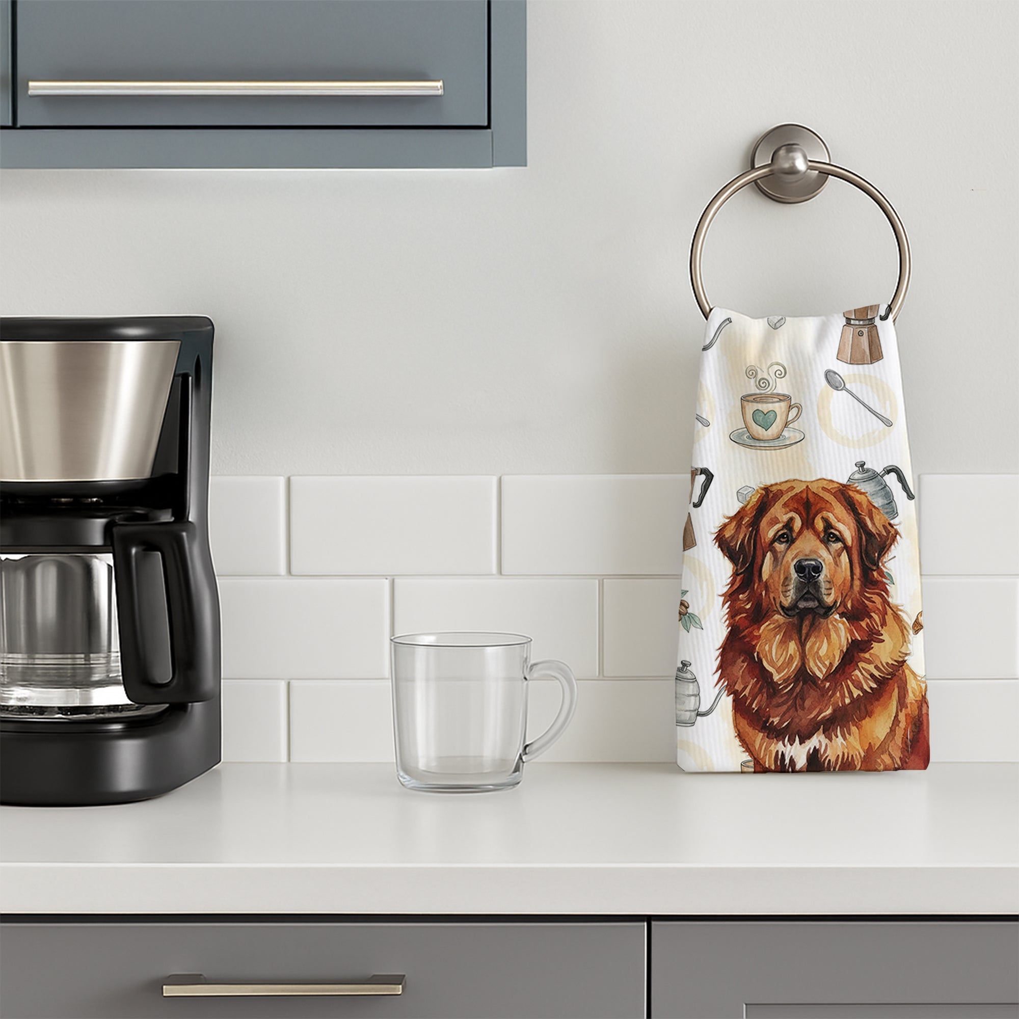 Red Gold Tibetan Mastiff Coffee Bar Kitchen Towel Velour Plush Front and Cotton Loop Back Machine Washable