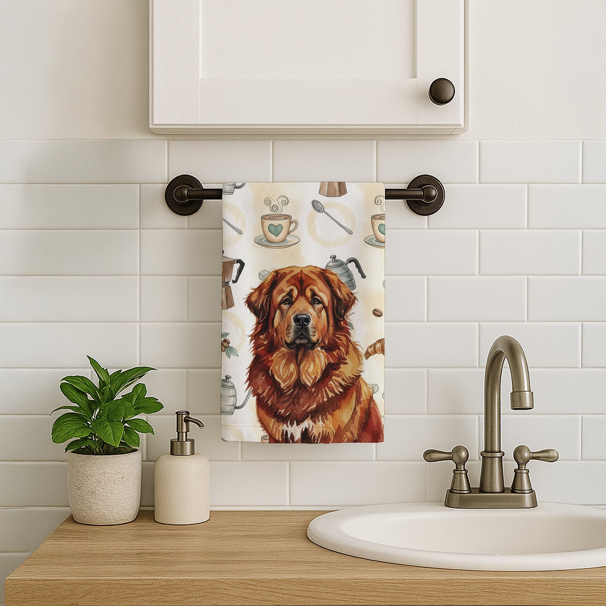 Red Gold Tibetan Mastiff Coffee Bar Kitchen Towel Velour Plush Front and Cotton Loop Back Machine Washable