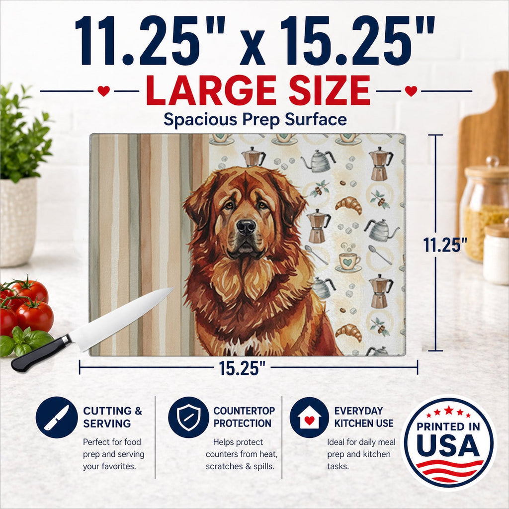 Red Gold Tibetan Mastiff Coffee Bar Cutting Board Tempered Glass Kitchen Cutting Surface, Heat Resistant Chopping, Non-Slip Feet, Food Prep & Serving