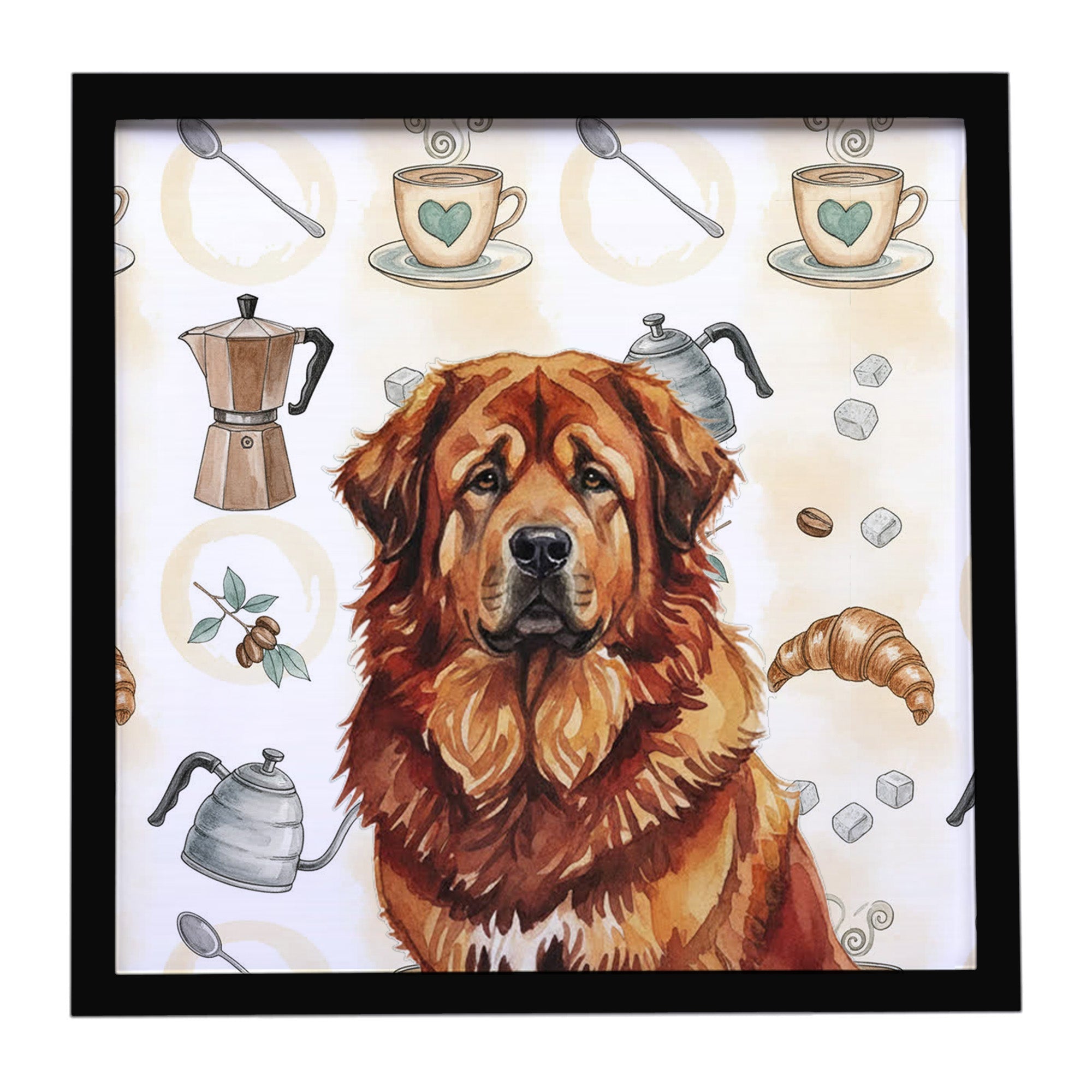 Red Gold Tibetan Mastiff Coffee Bar Framed Metal Print Bathroom, Kitchen, Office, Home Decor Wall Art Ready to Hang, Square, 8X8