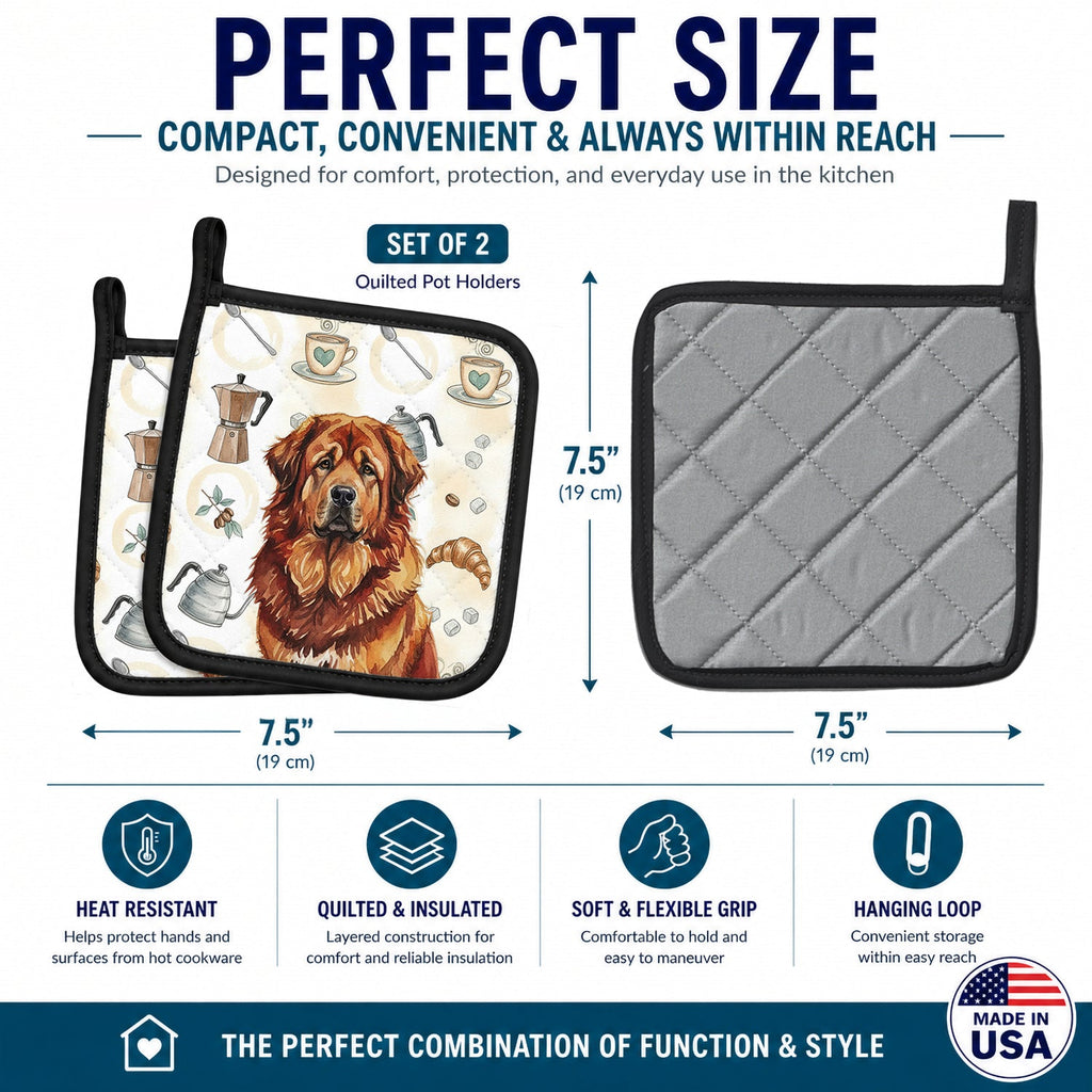 Red Gold Tibetan Mastiff Coffee Bar Pot Holder Set of 2 Heat Resistant Quilted Hot Pads 7.5 x 7.5 Inch, Insulated Kitchen Trivets for Cooking & Baking