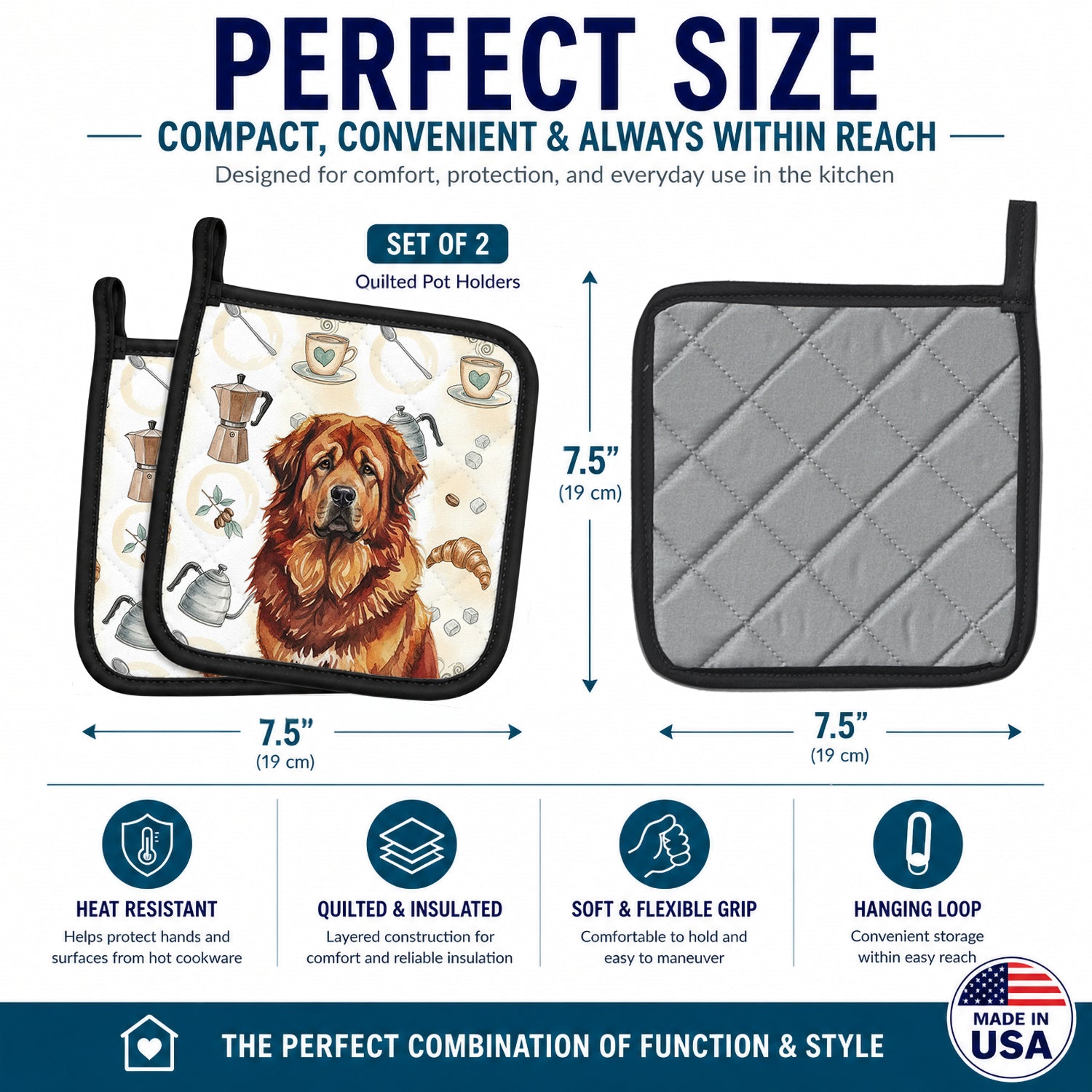 Red Gold Tibetan Mastiff Coffee Bar Pot Holder Set of 2 Heat Resistant Quilted Hot Pads 7.5 x 7.5 Inch, Insulated Kitchen Trivets for Cooking & Baking