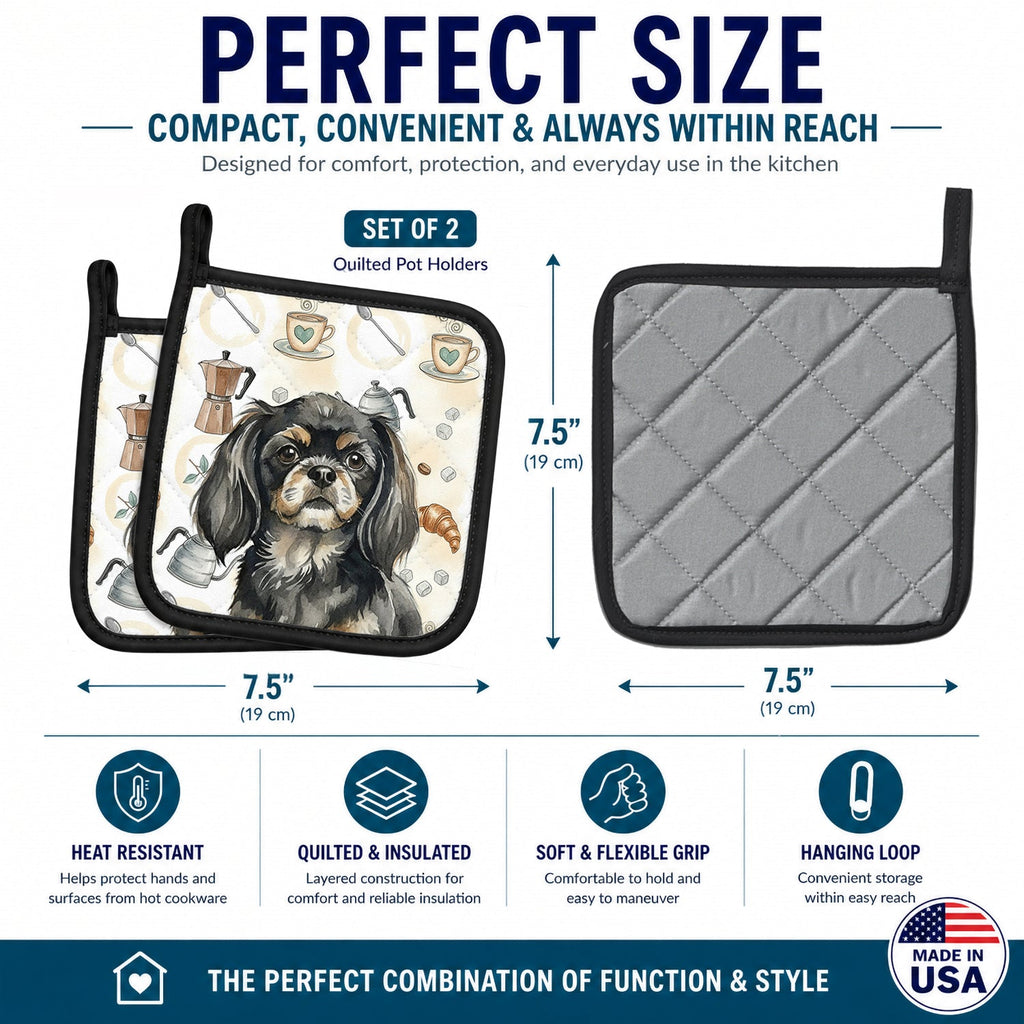 Black and Tan Tibetan Spaniel Coffee Bar Pot Holder Set of 2 Heat Resistant Quilted Hot Pads 7.5 x 7.5 Inch, Insulated Kitchen Trivets for Cooking & Baking