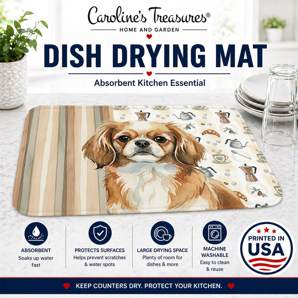Tibetan Spaniel Coffee Bar Dish Drying Mat Absorbent Dish Drying Mat Pad for Kitchen Counter Dish Drainer Mat for Countertop, 14 x 21", Multicolor