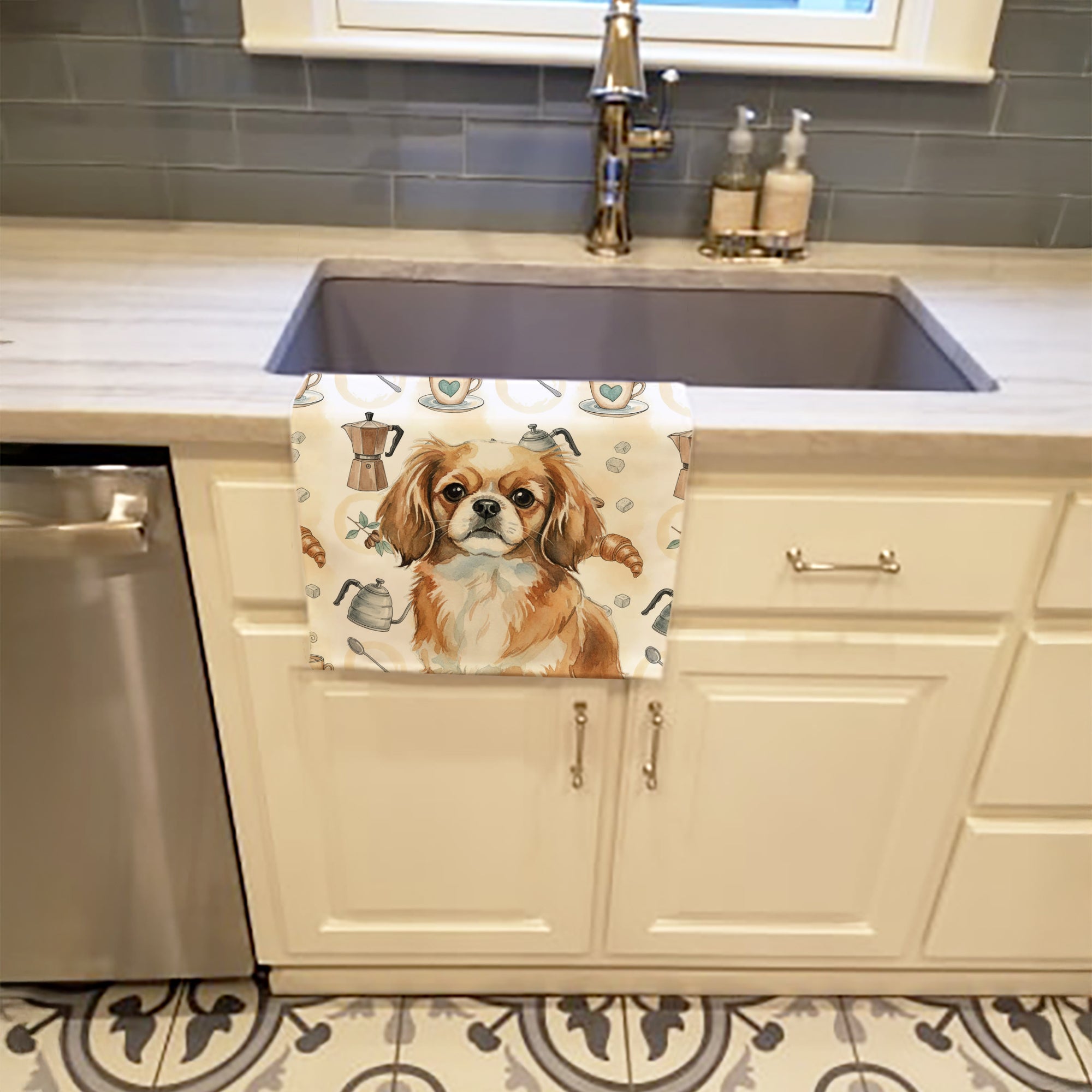 Tibetan Spaniel Coffee Bar Kitchen Towel Velour Plush Front and Cotton Loop Back Machine Washable