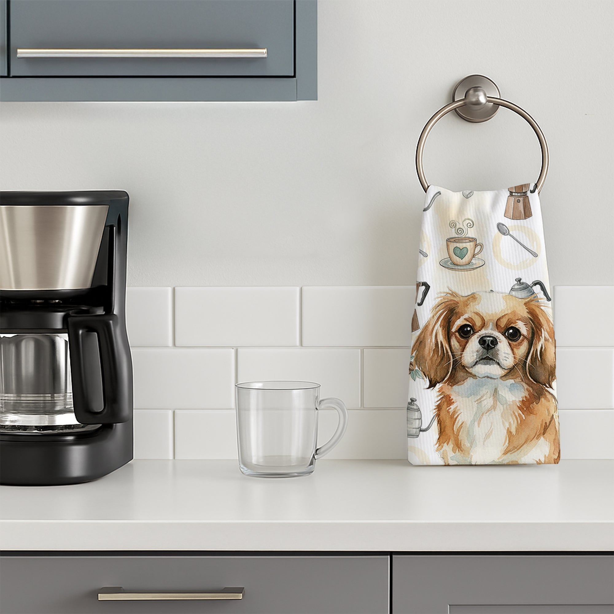 Tibetan Spaniel Coffee Bar Kitchen Towel Velour Plush Front and Cotton Loop Back Machine Washable