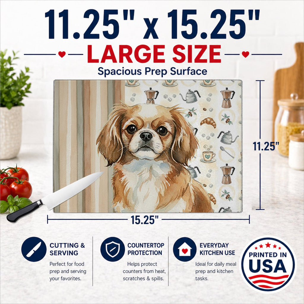 Tibetan Spaniel Coffee Bar Cutting Board Tempered Glass Kitchen Cutting Surface, Heat Resistant Chopping, Non-Slip Feet, Food Prep & Serving