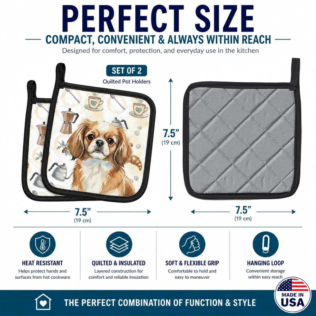 Tibetan Spaniel Coffee Bar Pot Holder Set of 2 Heat Resistant Quilted Hot Pads 7.5 x 7.5 Inch, Insulated Kitchen Trivets for Cooking & Baking