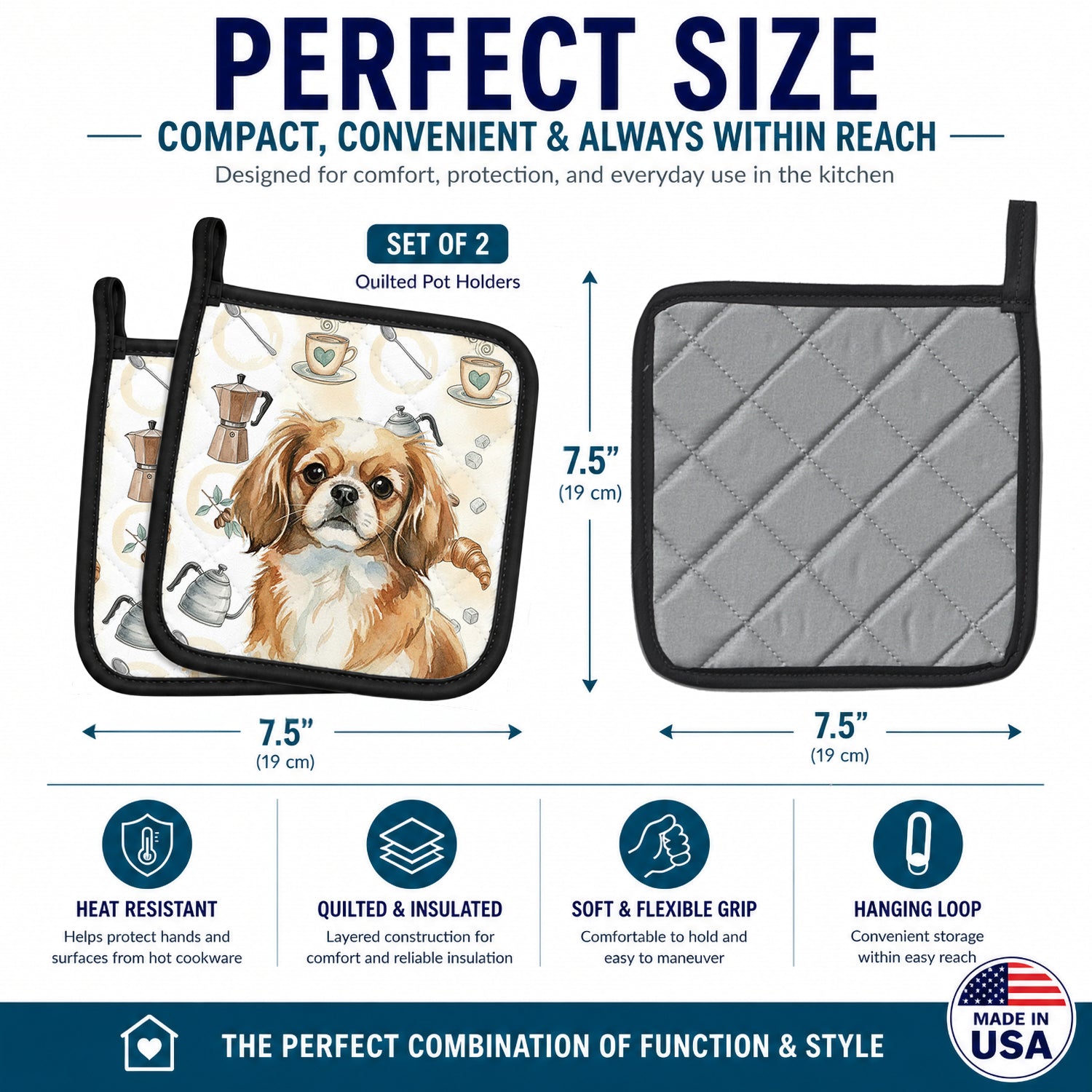 Tibetan Spaniel Coffee Bar Pot Holder Set of 2 Heat Resistant Quilted Hot Pads 7.5 x 7.5 Inch, Insulated Kitchen Trivets for Cooking & Baking