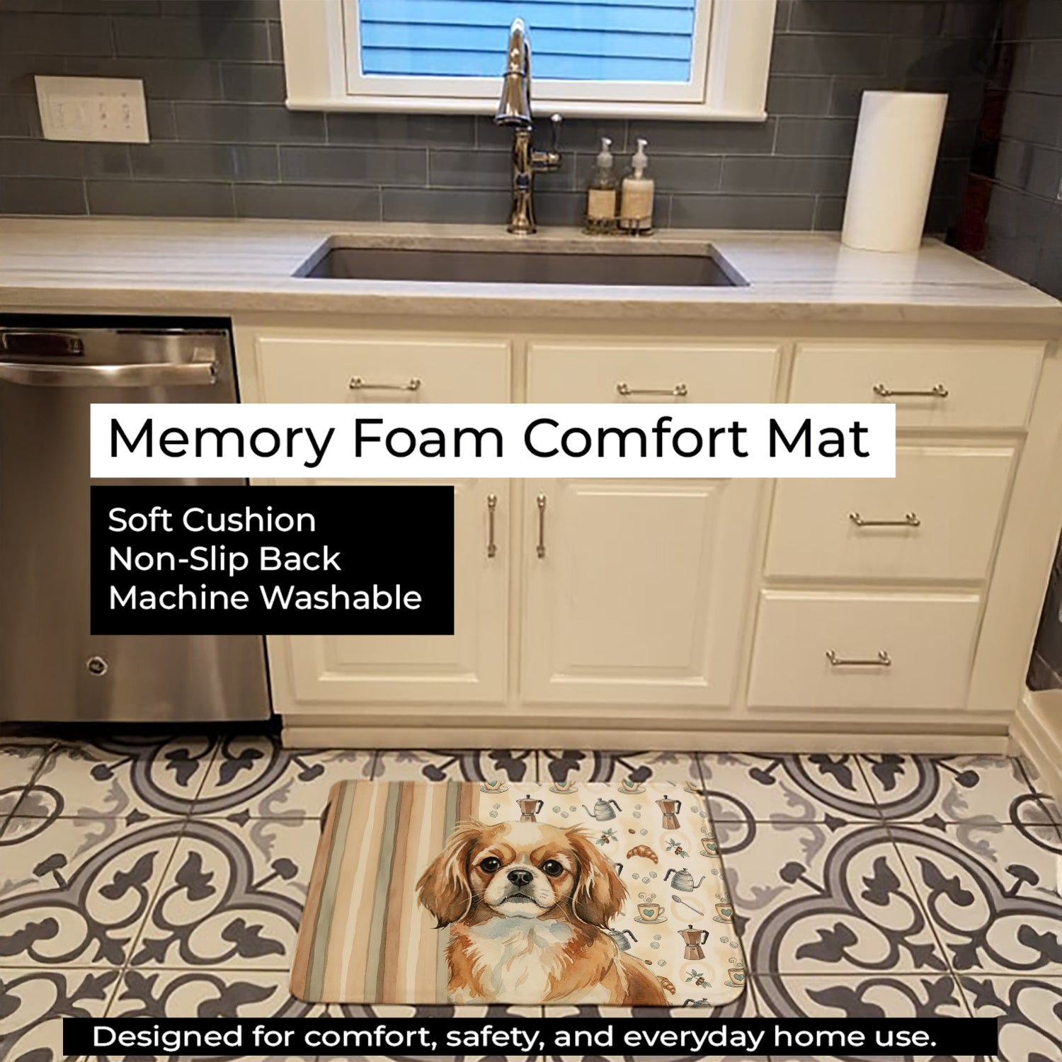 Tibetan Spaniel Coffee Bar Memory Foam Kitchen Mat Machine Washable Anti-Fatigue Cushion Comfort Bath or Kitchen Rug