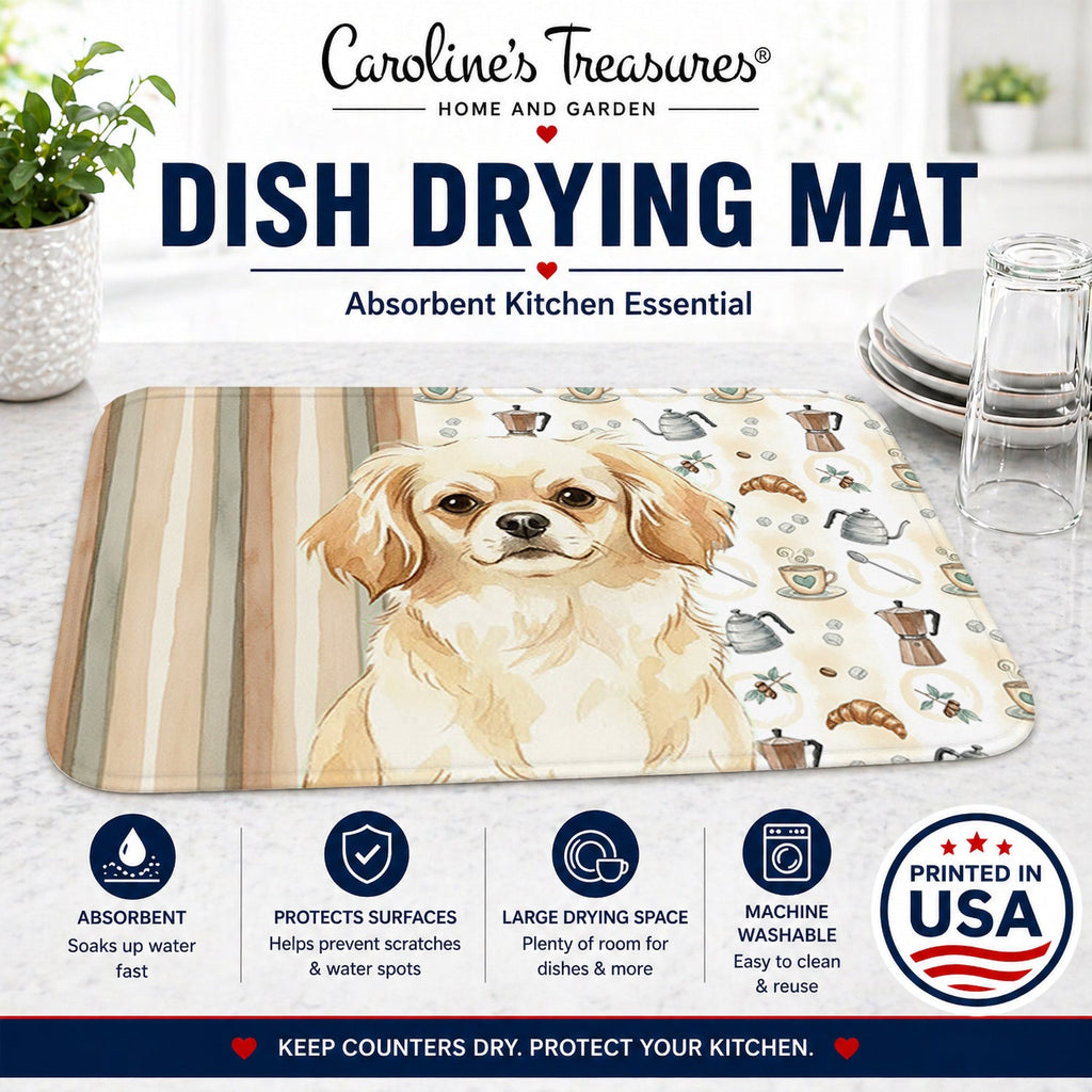 Cream Tibetan Spaniel Coffee Bar Dish Drying Mat Absorbent Dish Drying Mat Pad for Kitchen Counter Dish Drainer Mat for Countertop, 14 x 21", Multicolor