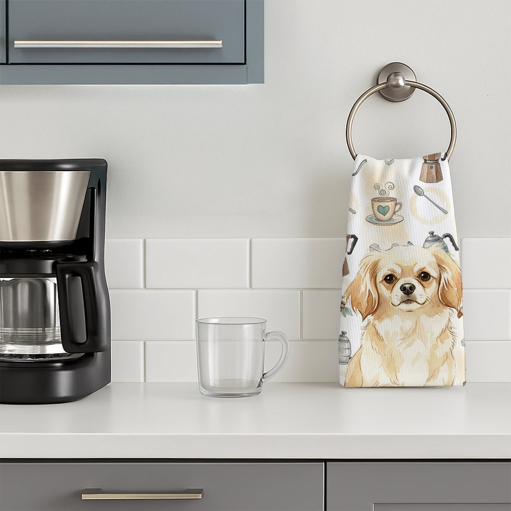 Cream Tibetan Spaniel Coffee Bar Kitchen Towel Velour Plush Front and Cotton Loop Back Machine Washable