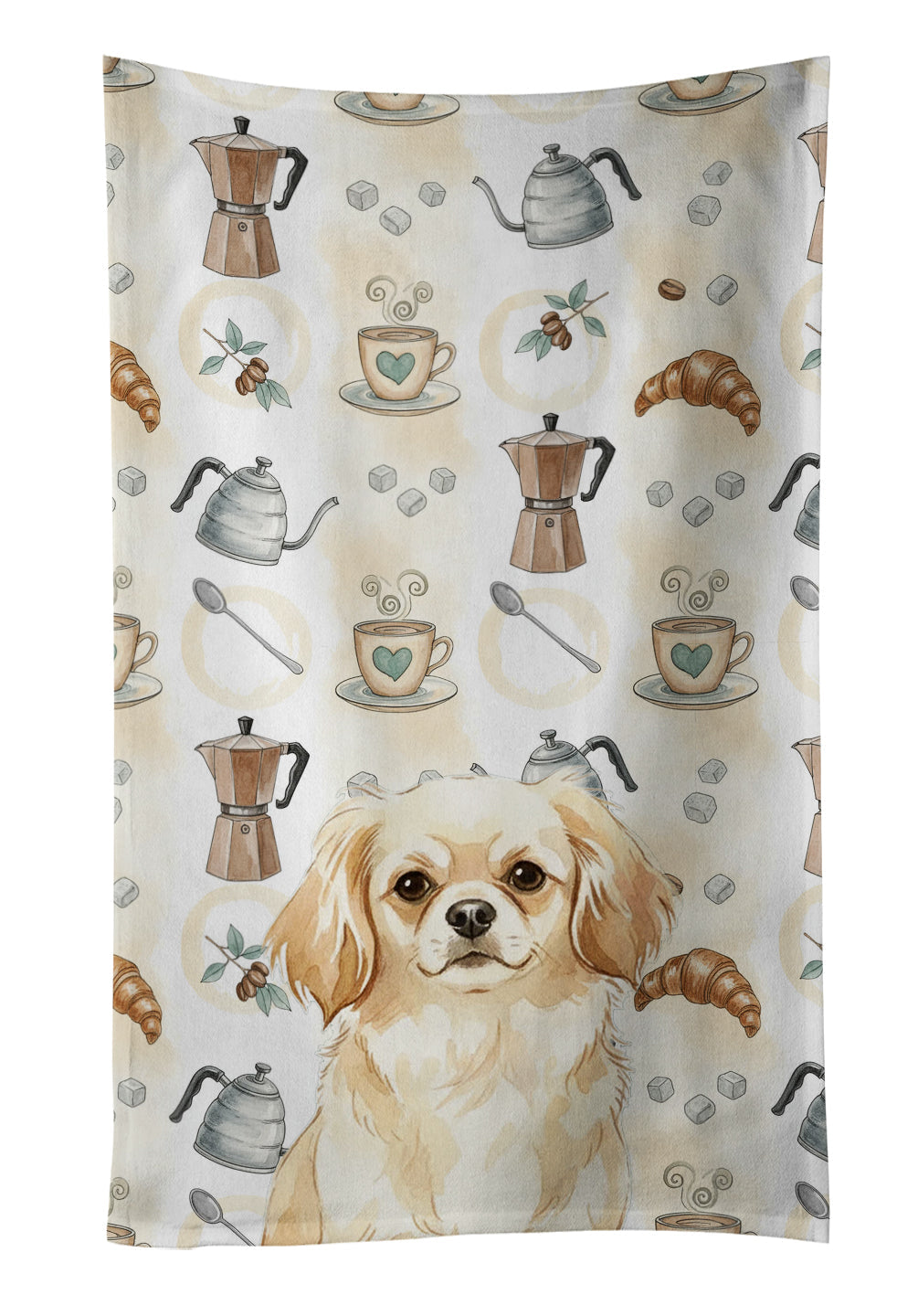 Cream Tibetan Spaniel Coffee Bar Kitchen Towel Velour Plush Front and Cotton Loop Back Machine Washable