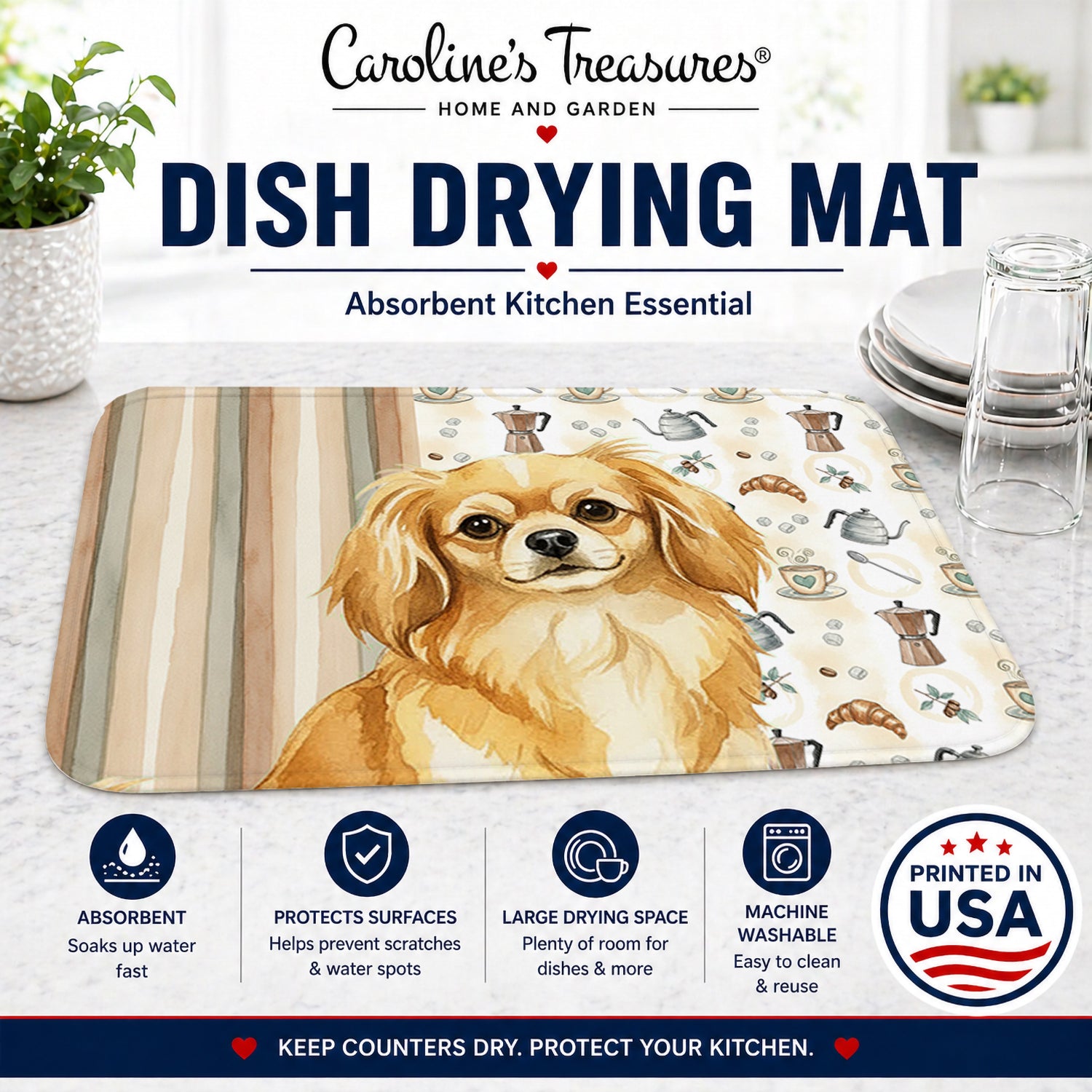 Gold Tibetan Spaniel Coffee Bar Dish Drying Mat Absorbent Dish Drying Mat Pad for Kitchen Counter Dish Drainer Mat for Countertop, 14 x 21", Multicolor