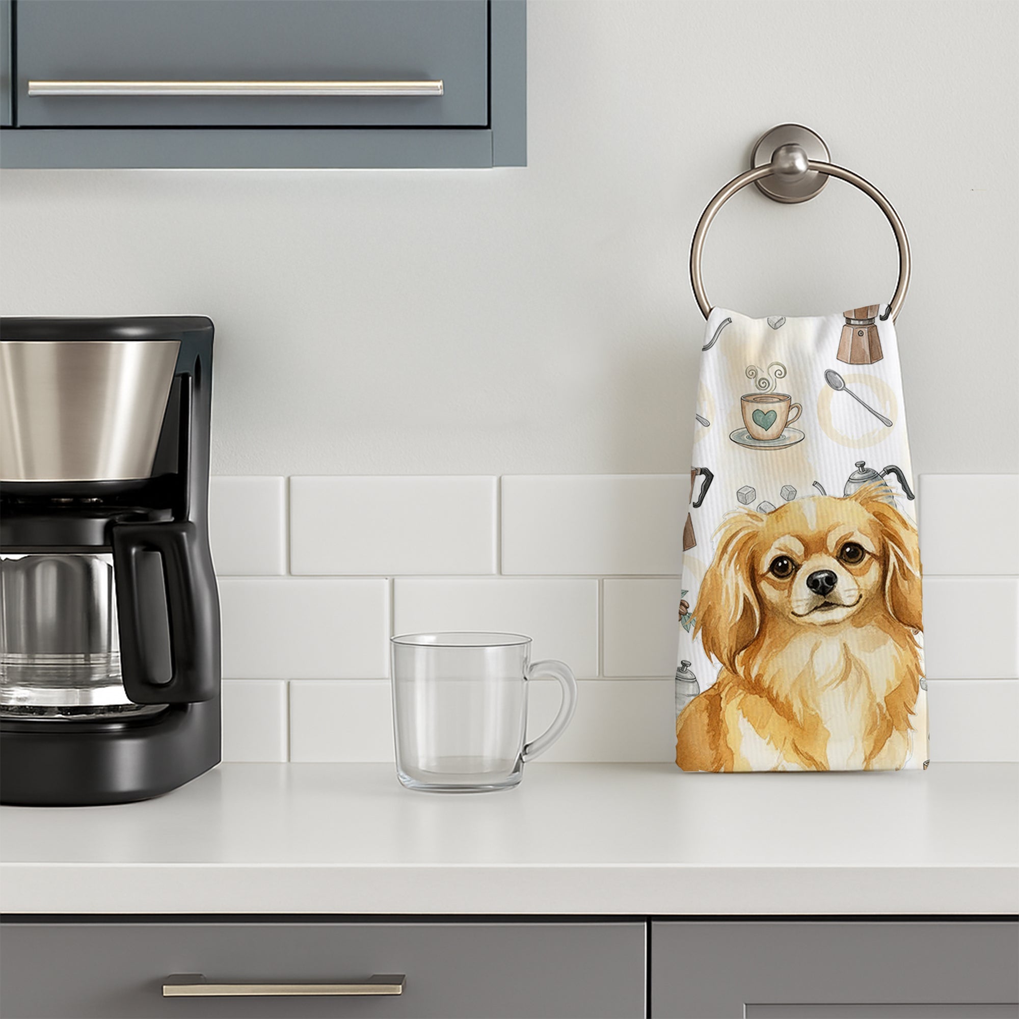 Gold Tibetan Spaniel Coffee Bar Kitchen Towel Velour Plush Front and Cotton Loop Back Machine Washable