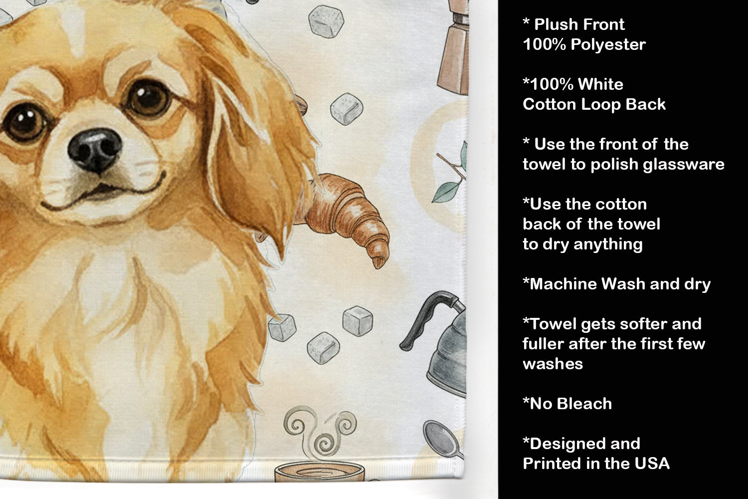 Gold Tibetan Spaniel Coffee Bar Kitchen Towel Velour Plush Front and Cotton Loop Back Machine Washable