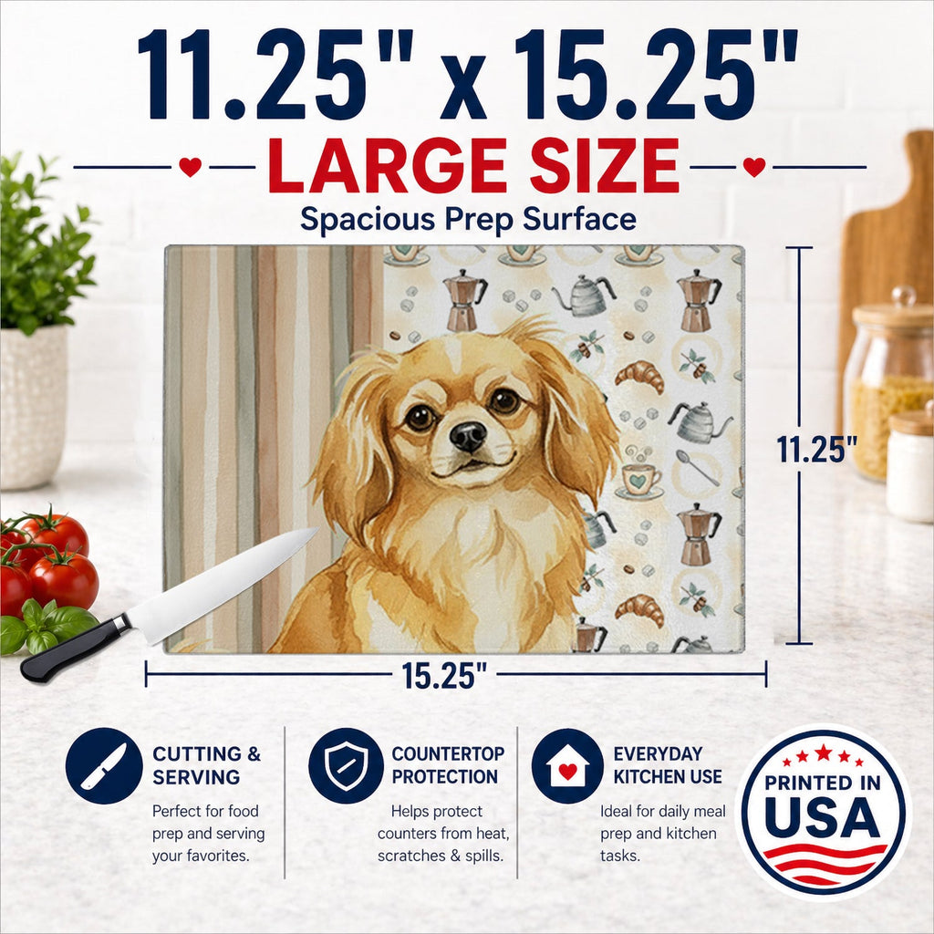 Gold Tibetan Spaniel Coffee Bar Cutting Board Tempered Glass Kitchen Cutting Surface, Heat Resistant Chopping, Non-Slip Feet, Food Prep & Serving