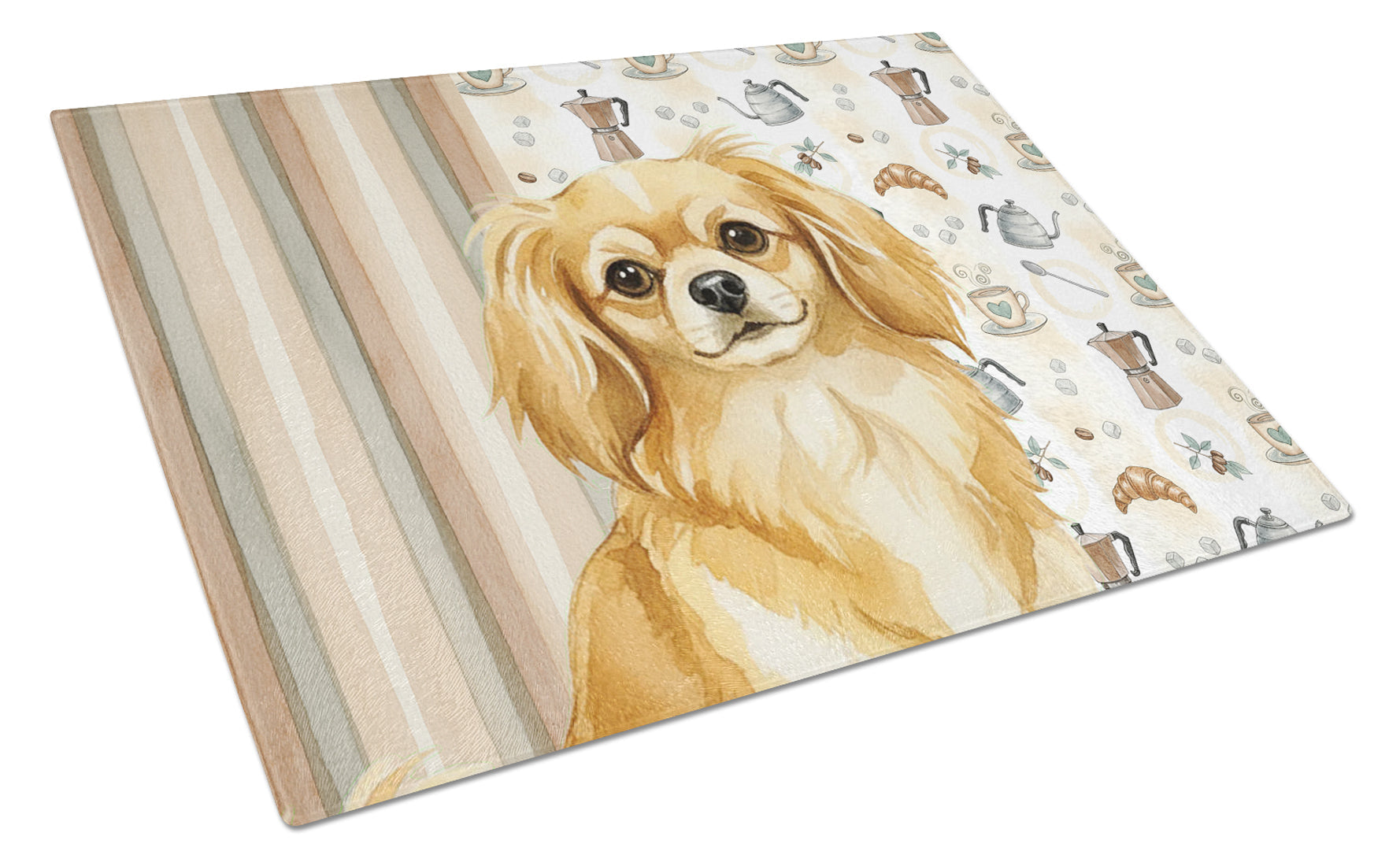 Gold Tibetan Spaniel Coffee Bar Cutting Board Tempered Glass Kitchen Cutting Surface, Heat Resistant Chopping, Non-Slip Feet, Food Prep & Serving