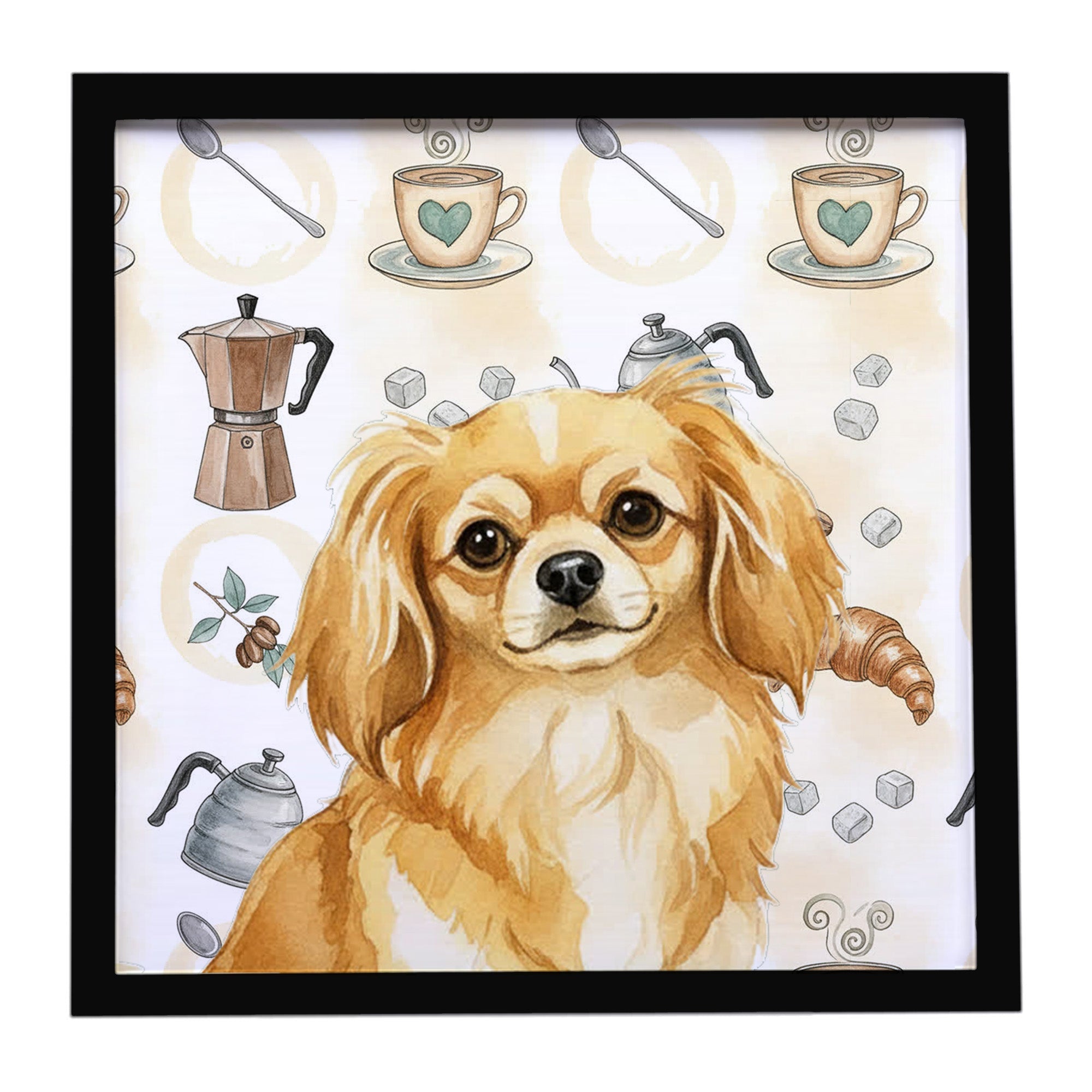Gold Tibetan Spaniel Coffee Bar Framed Metal Print Bathroom, Kitchen, Office, Home Decor Wall Art Ready to Hang, Square, 8X8