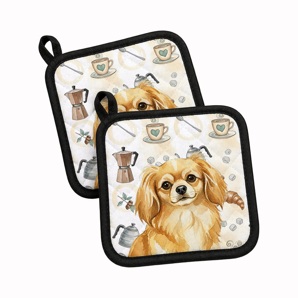 Gold Tibetan Spaniel Coffee Bar Pot Holder Set of 2 Heat Resistant Quilted Hot Pads 7.5 x 7.5 Inch, Insulated Kitchen Trivets for Cooking & Baking