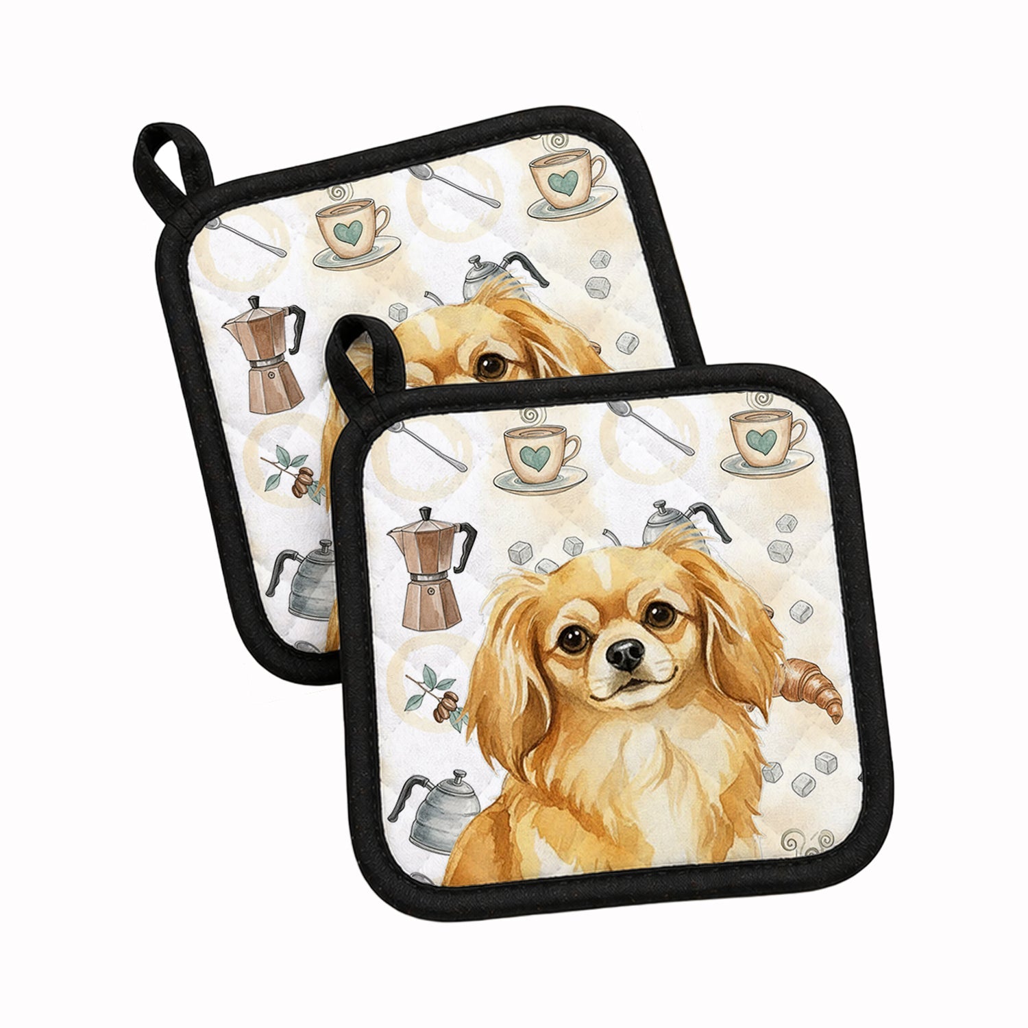 Gold Tibetan Spaniel Coffee Bar Pot Holder Set of 2 Heat Resistant Quilted Hot Pads 7.5 x 7.5 Inch, Insulated Kitchen Trivets for Cooking & Baking
