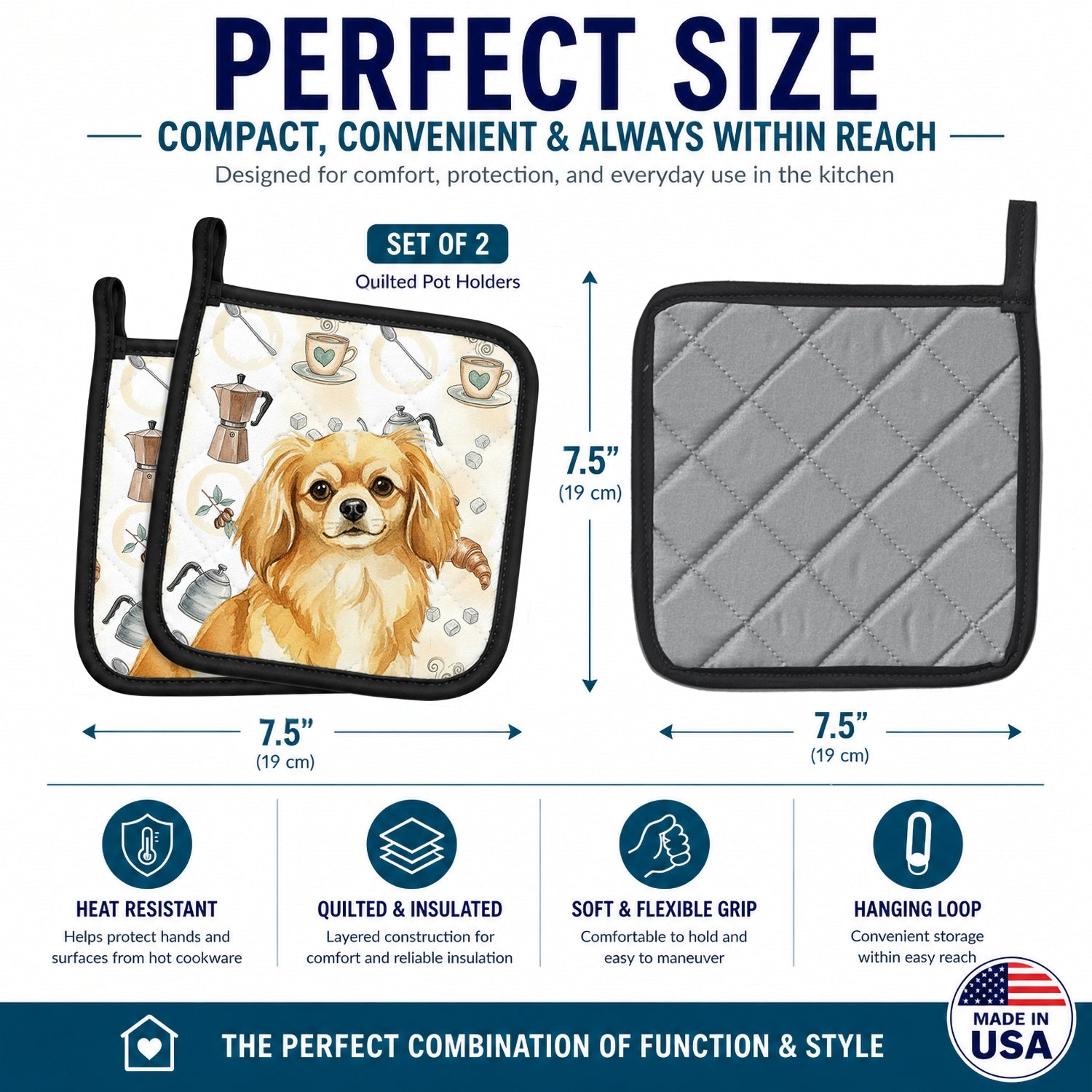 Gold Tibetan Spaniel Coffee Bar Pot Holder Set of 2 Heat Resistant Quilted Hot Pads 7.5 x 7.5 Inch, Insulated Kitchen Trivets for Cooking & Baking
